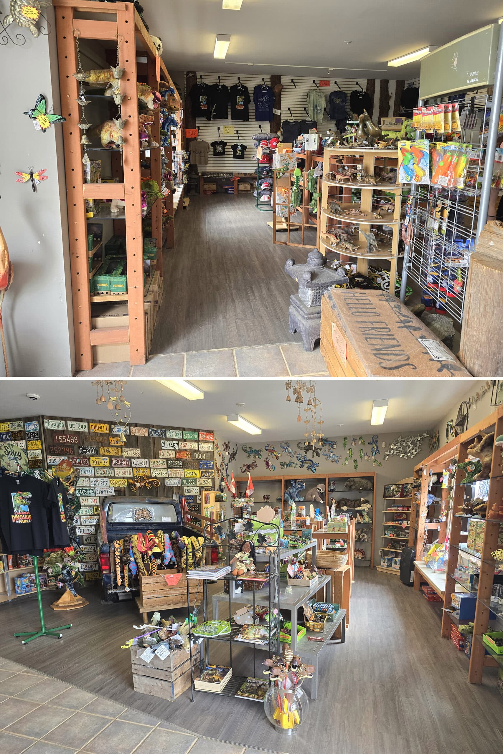 2 part image showing the inside of Canada’s Dinosaur Park gift shop.