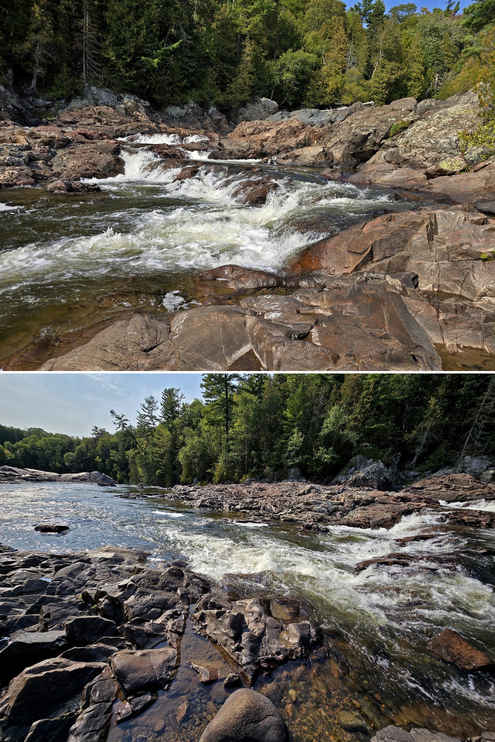 2 part image showing different views of the Chippewa waterfall.