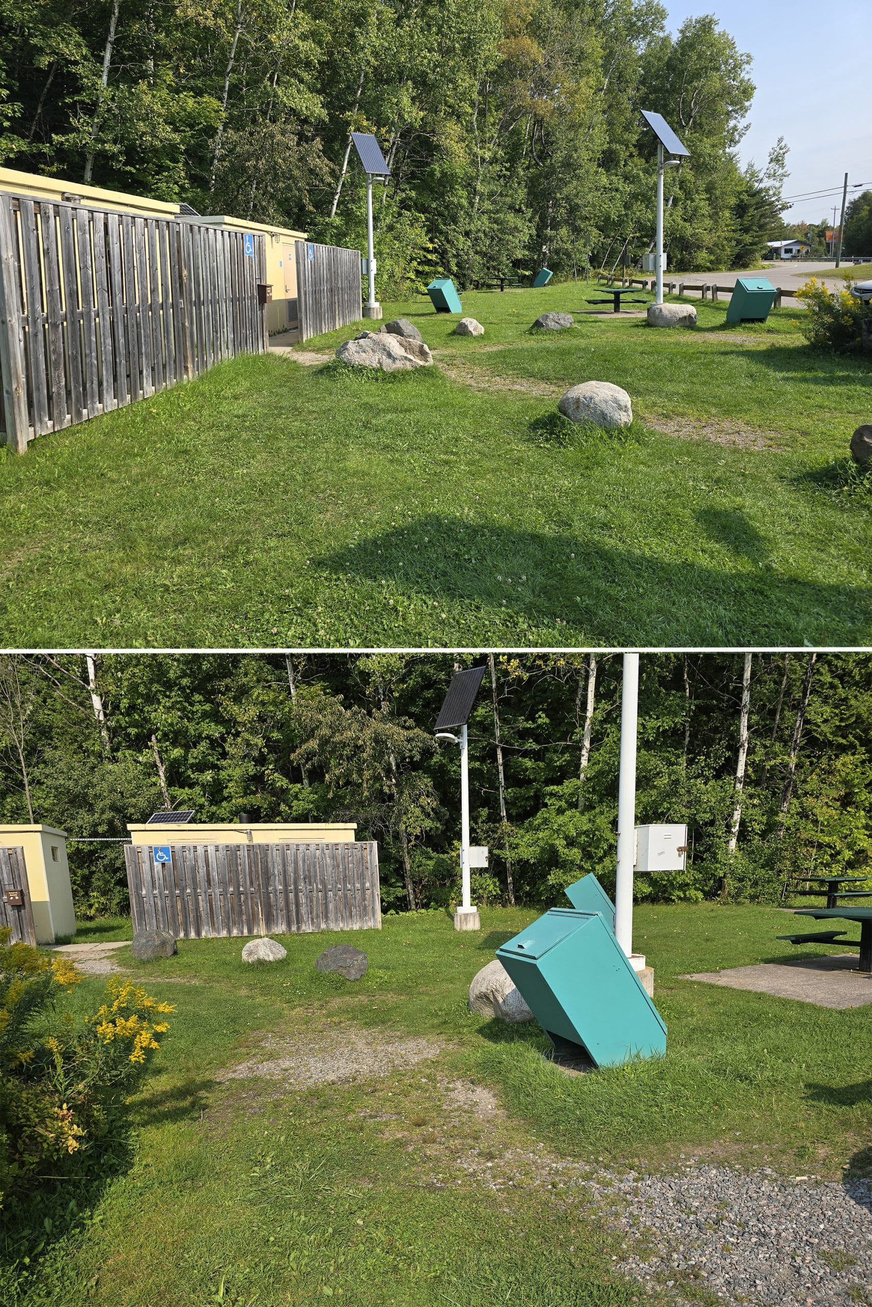 2 part image showing the rough trail from the parking lot to the washrooms.