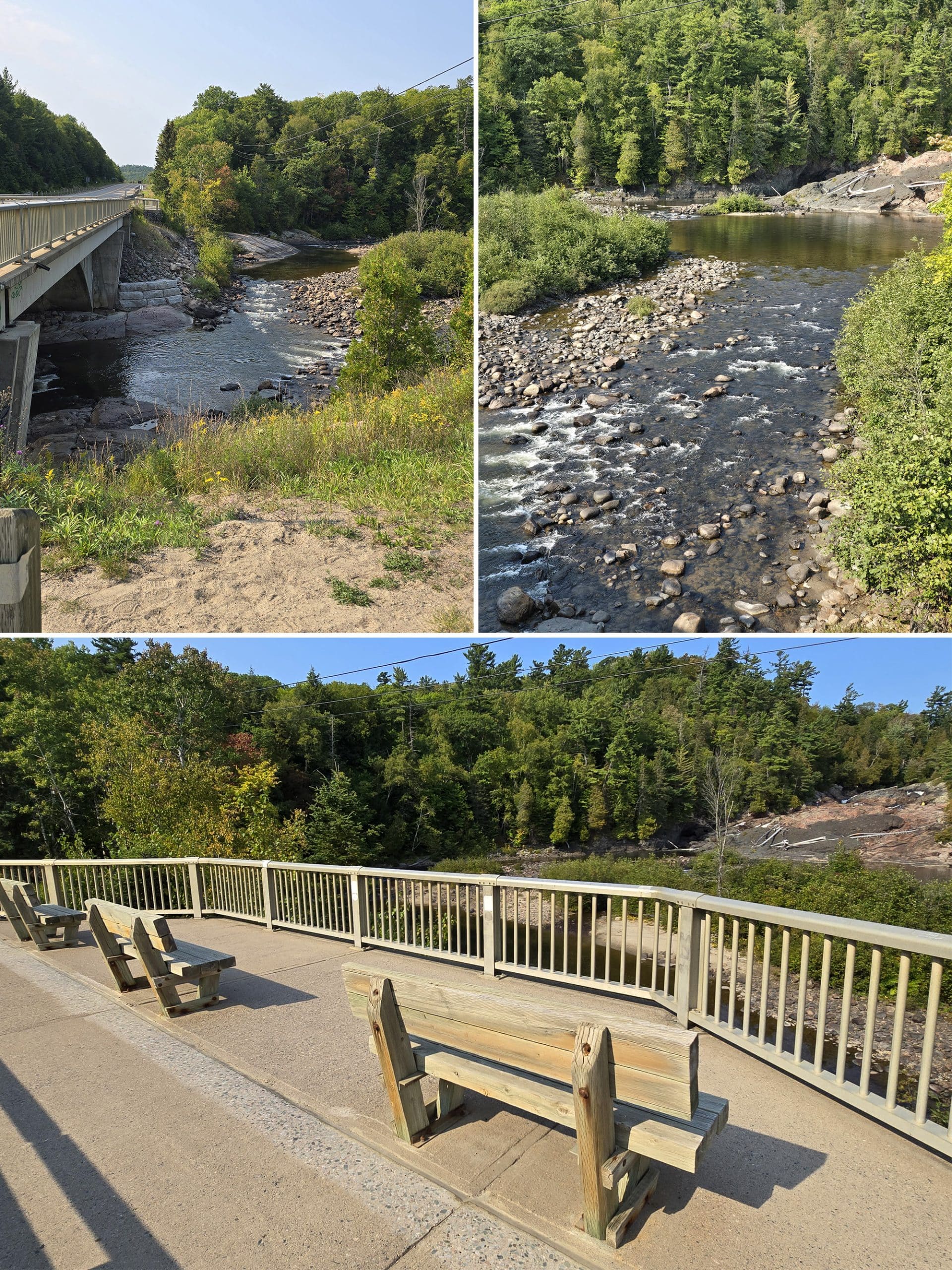 3 part image showing seating overlooking the fall from the highway bridge, and the views from that point.