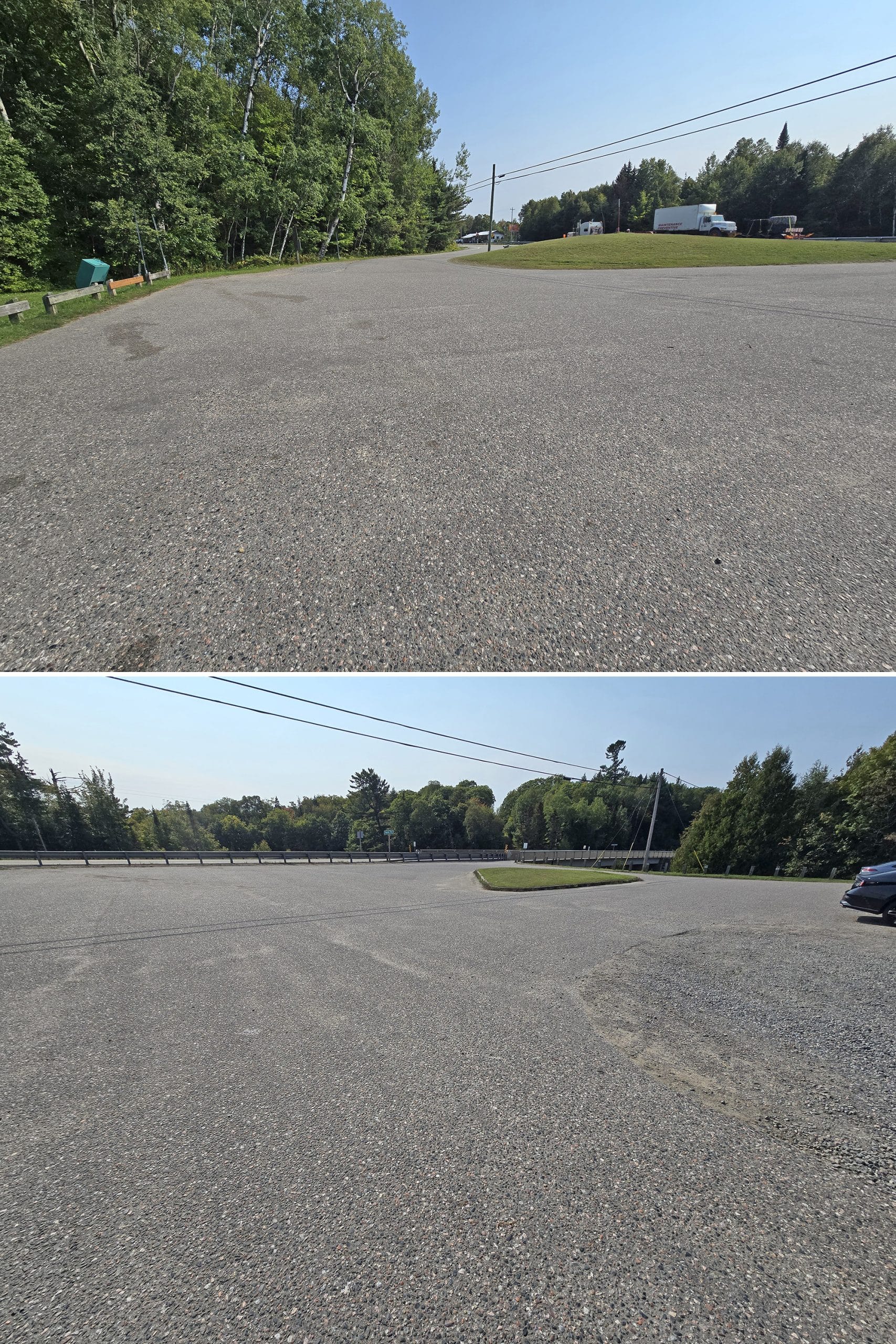 2 part image showing a large parking lot at Chippewa Falls.