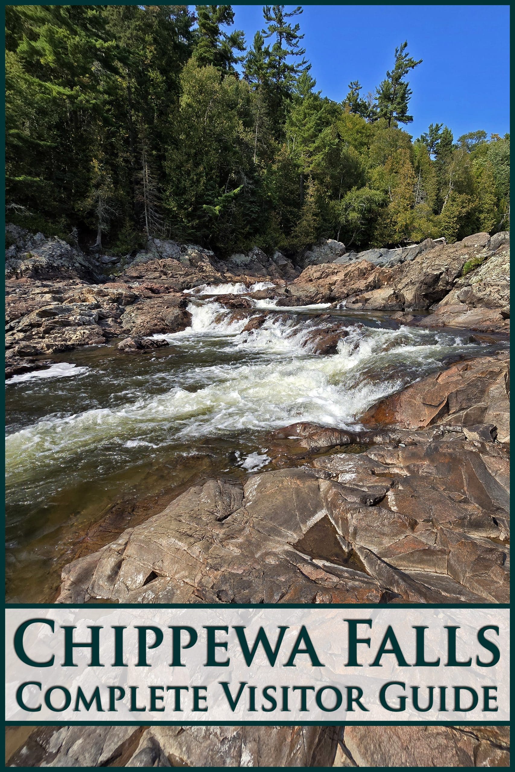 A waterfall. Overlaid text says chippewa falls complete visitor guide.