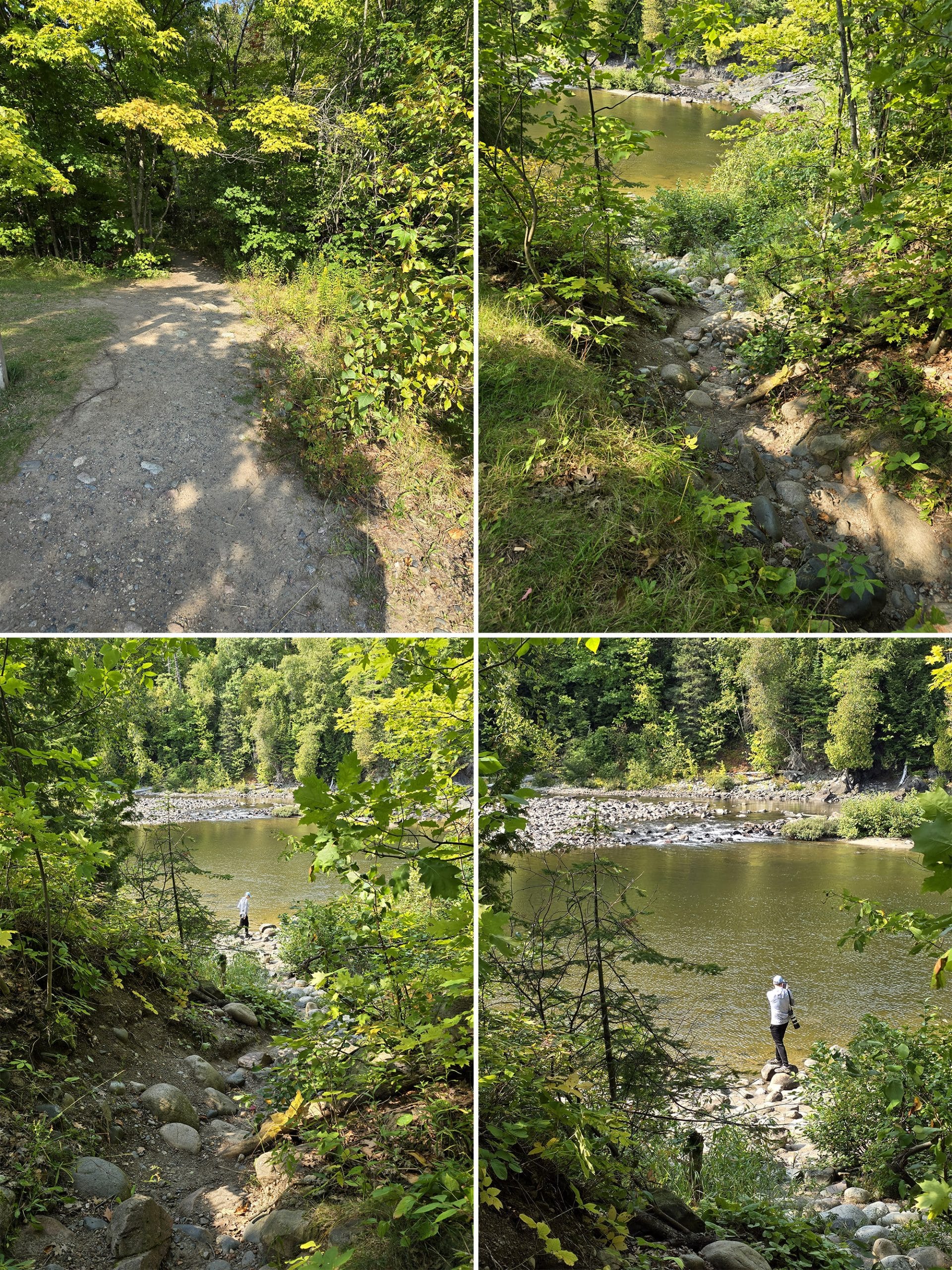 4 part image showing a steep rocky trail down to Chippewa Falls gorge.