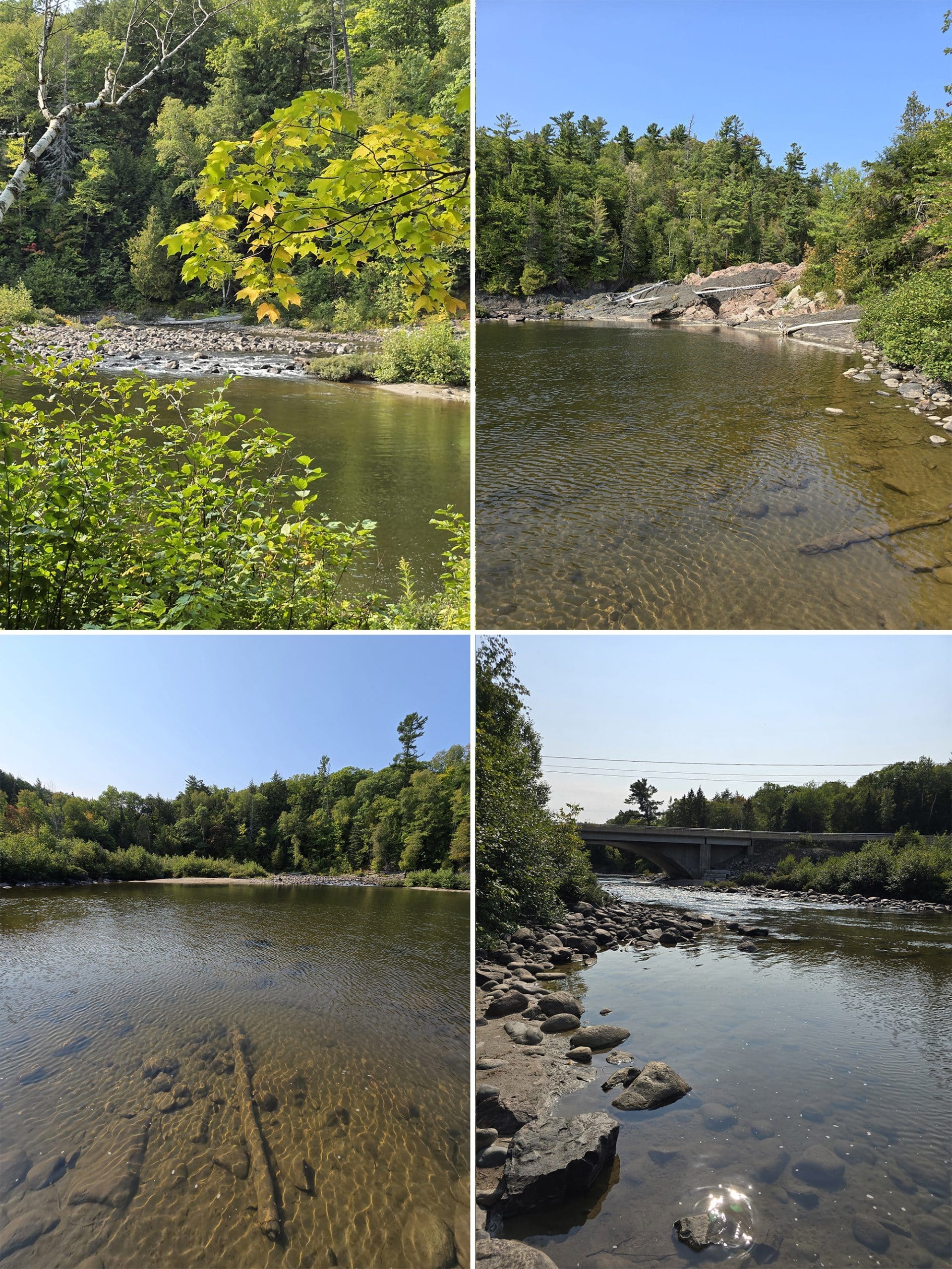 4 part image showing views around the base of Chippewa Falls, and the Chippewa River gorge.