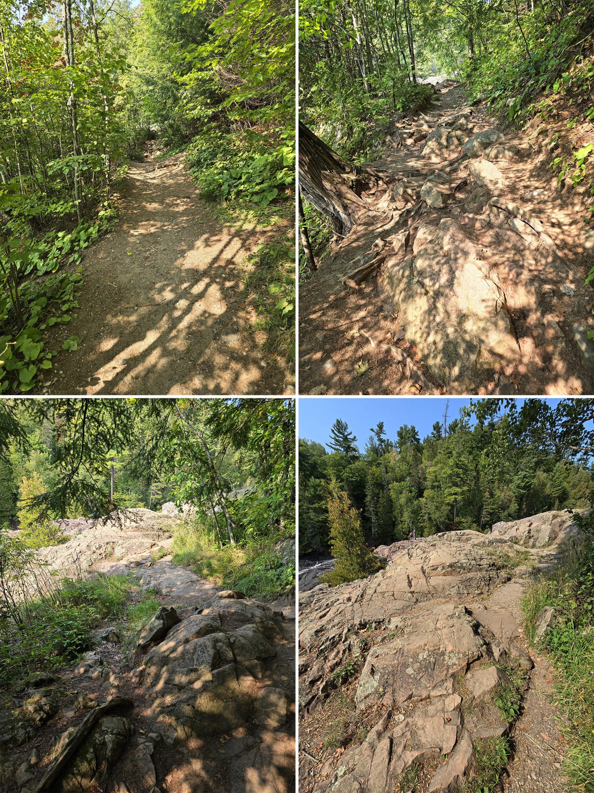 4 part image showing the trail from the parking lot, to a rocky outcrop next to Chippewa Falls.