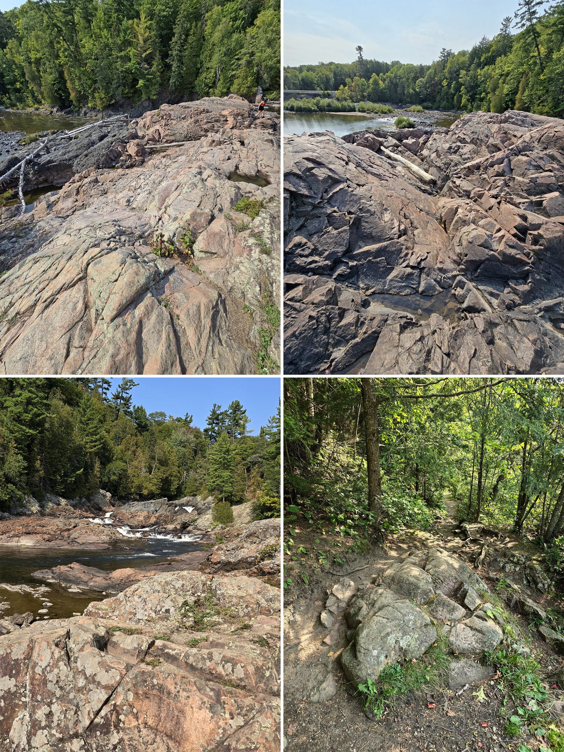 4 part image showing a large rocky outcrop at the base of Chippewa Falls.