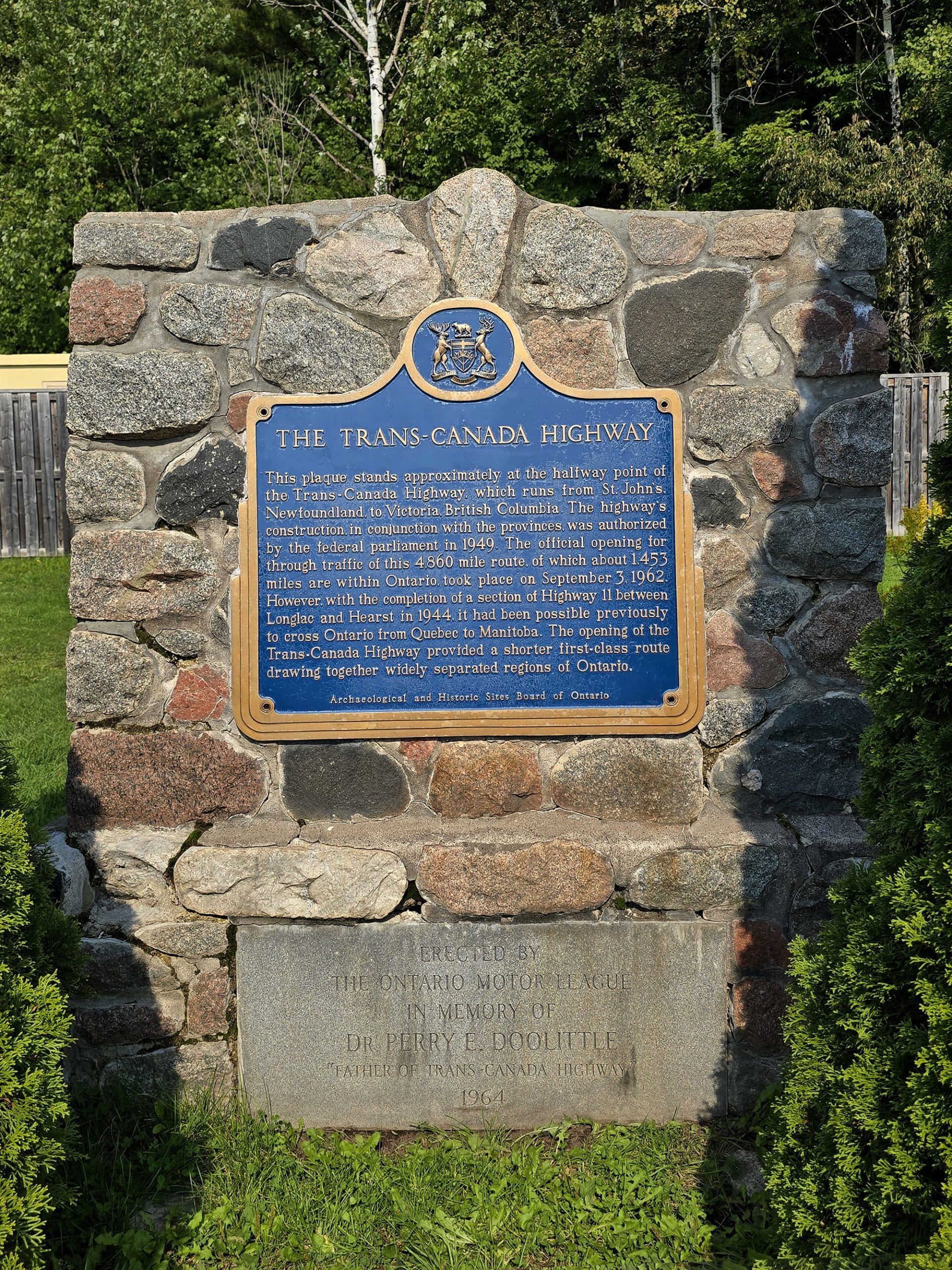 A stone plague marking the halfway point of the Trans-Canada Highway.