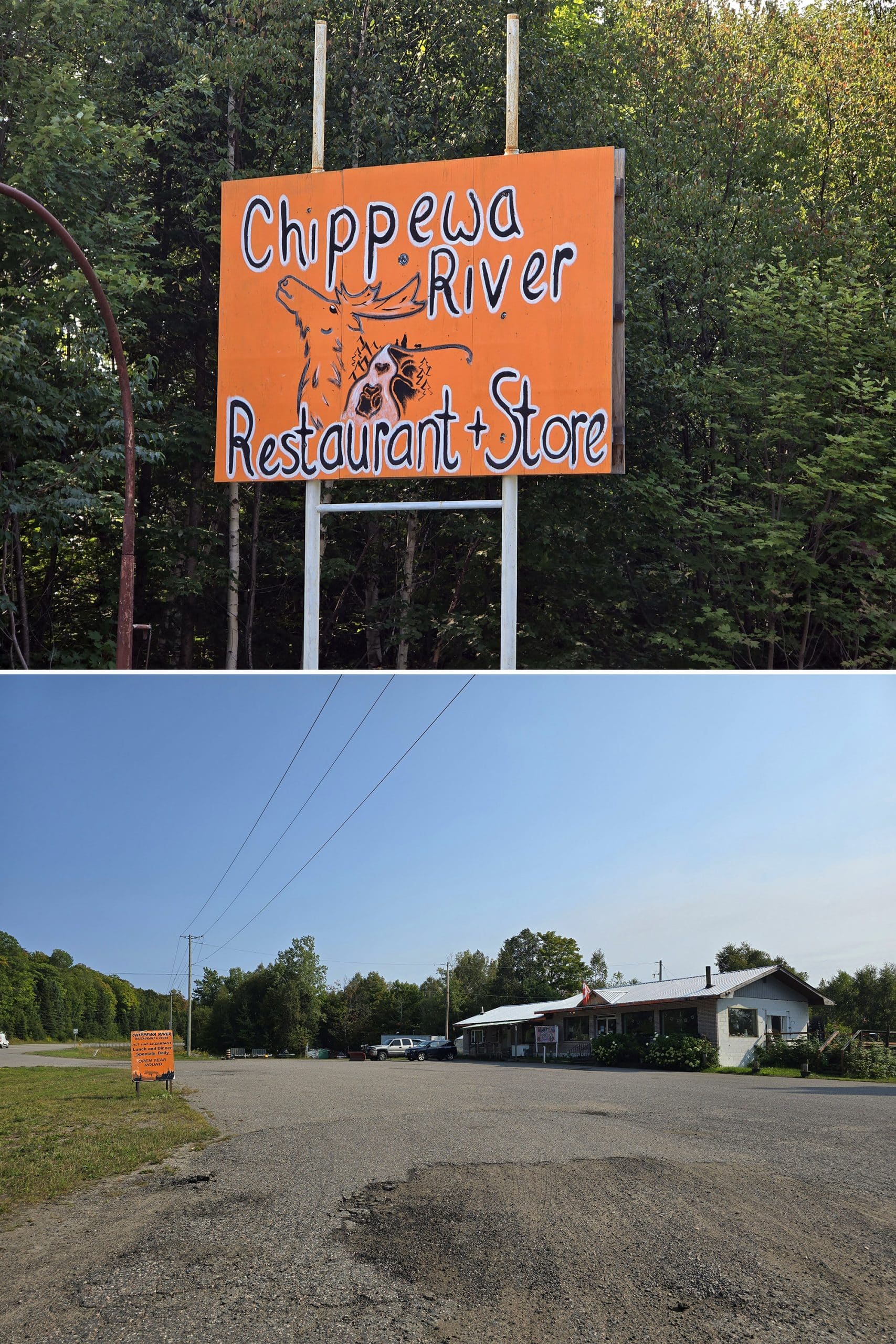 2 part image showing the chippewa river restaurant and store.