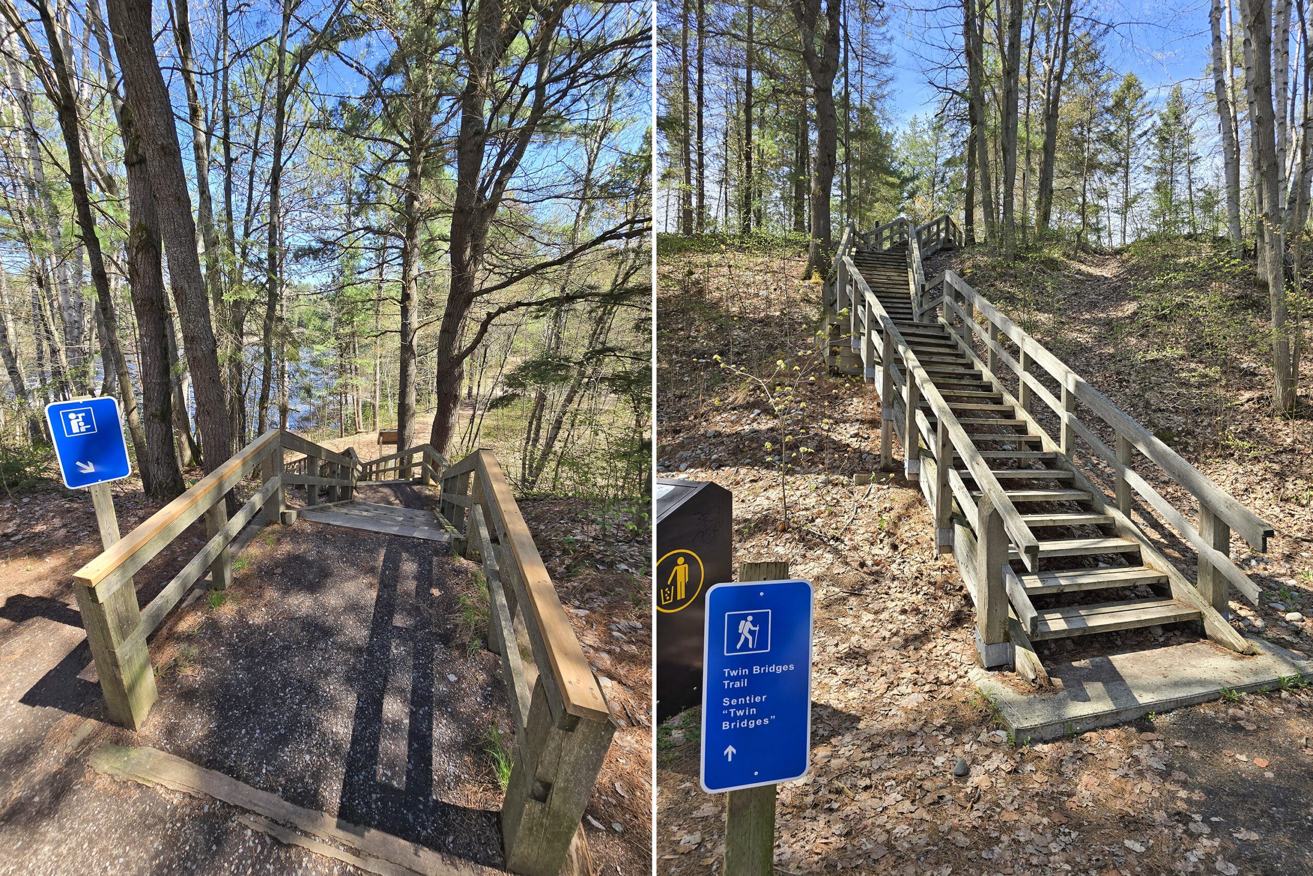 2 part image showing the wooden staircase at Chutes, viewed from both the top and the bottom.