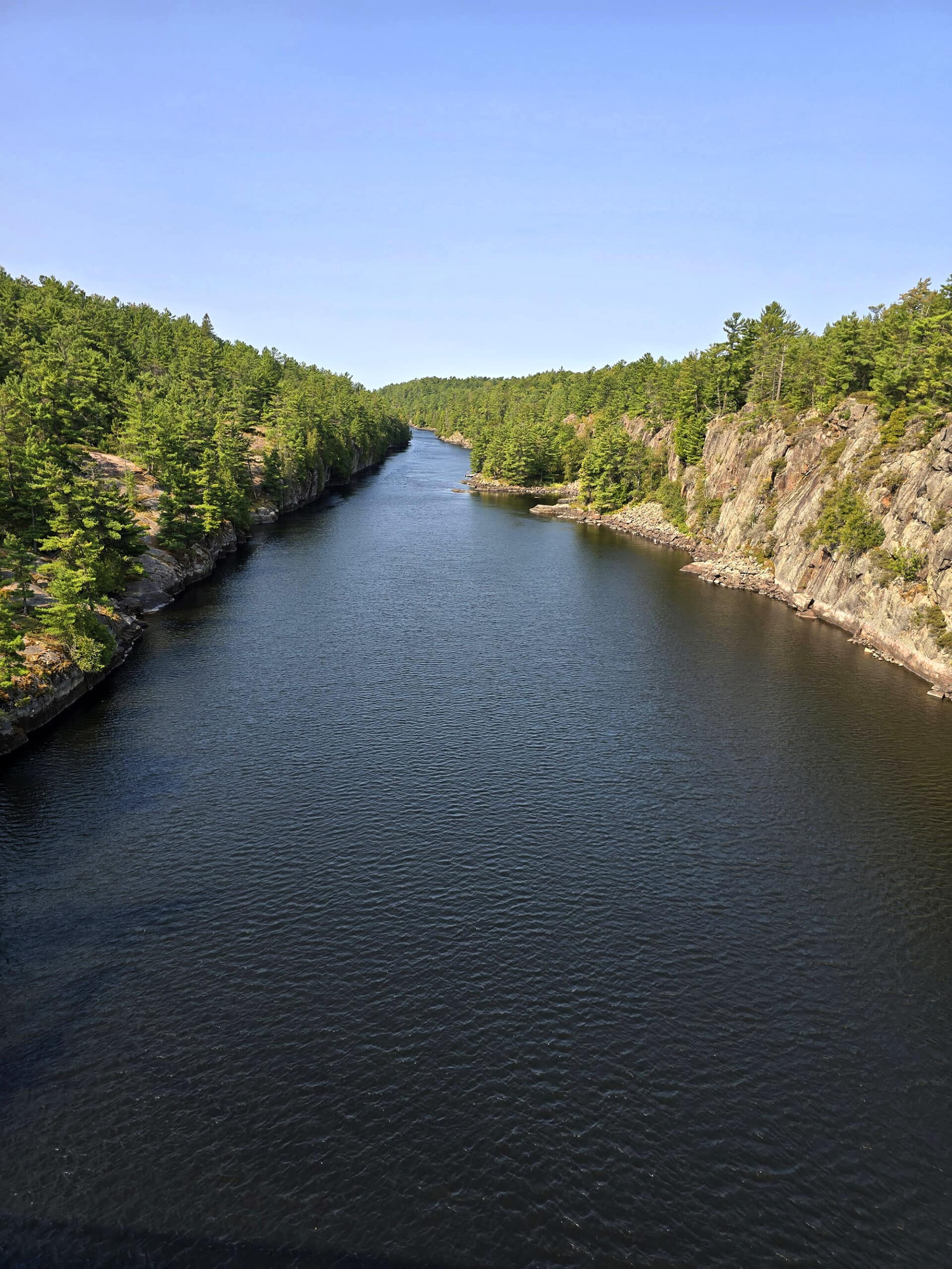 A view down the french river gorge on a sunny day.