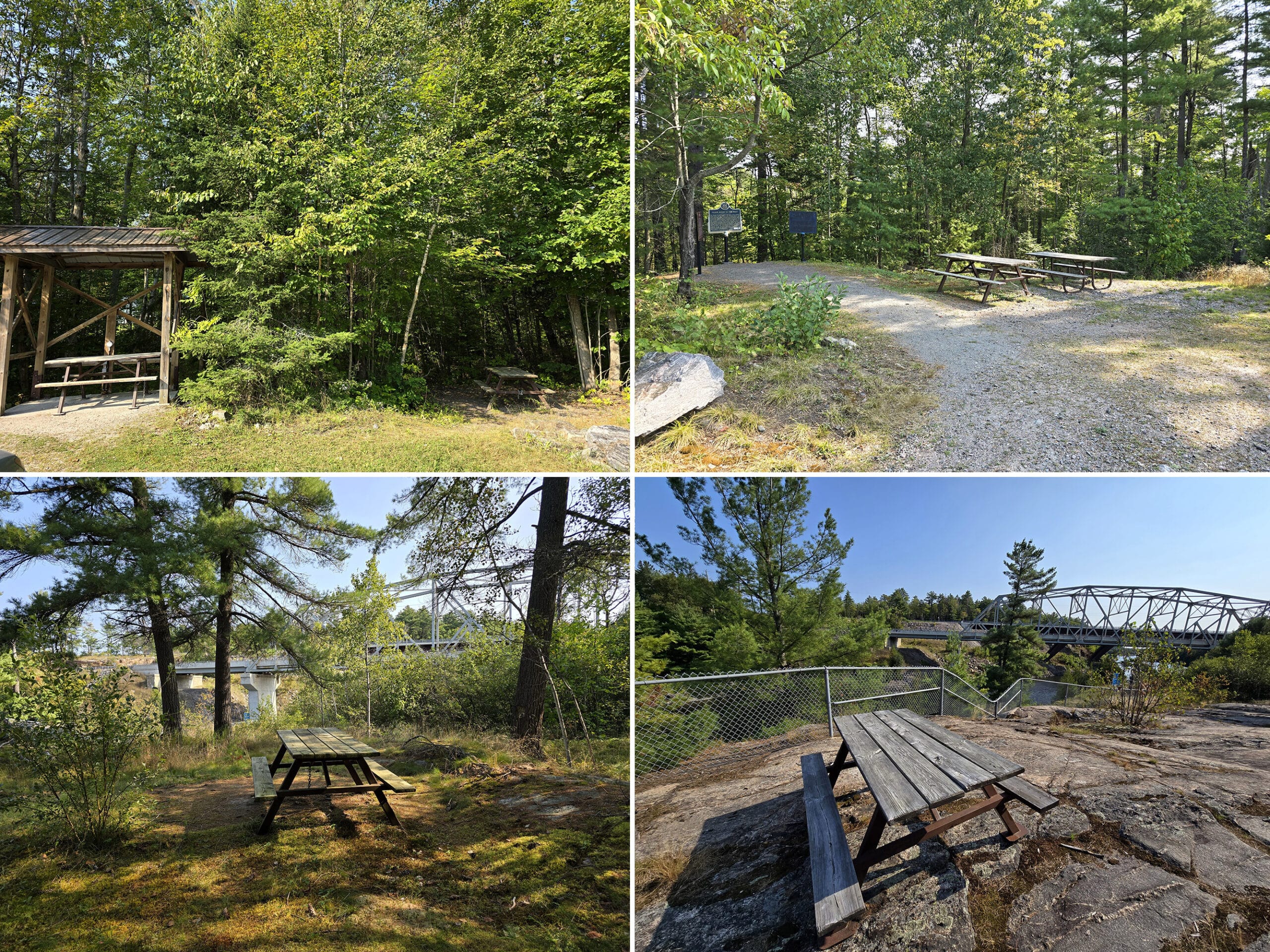 4 part image showing various picnic areas in french river provincial park.