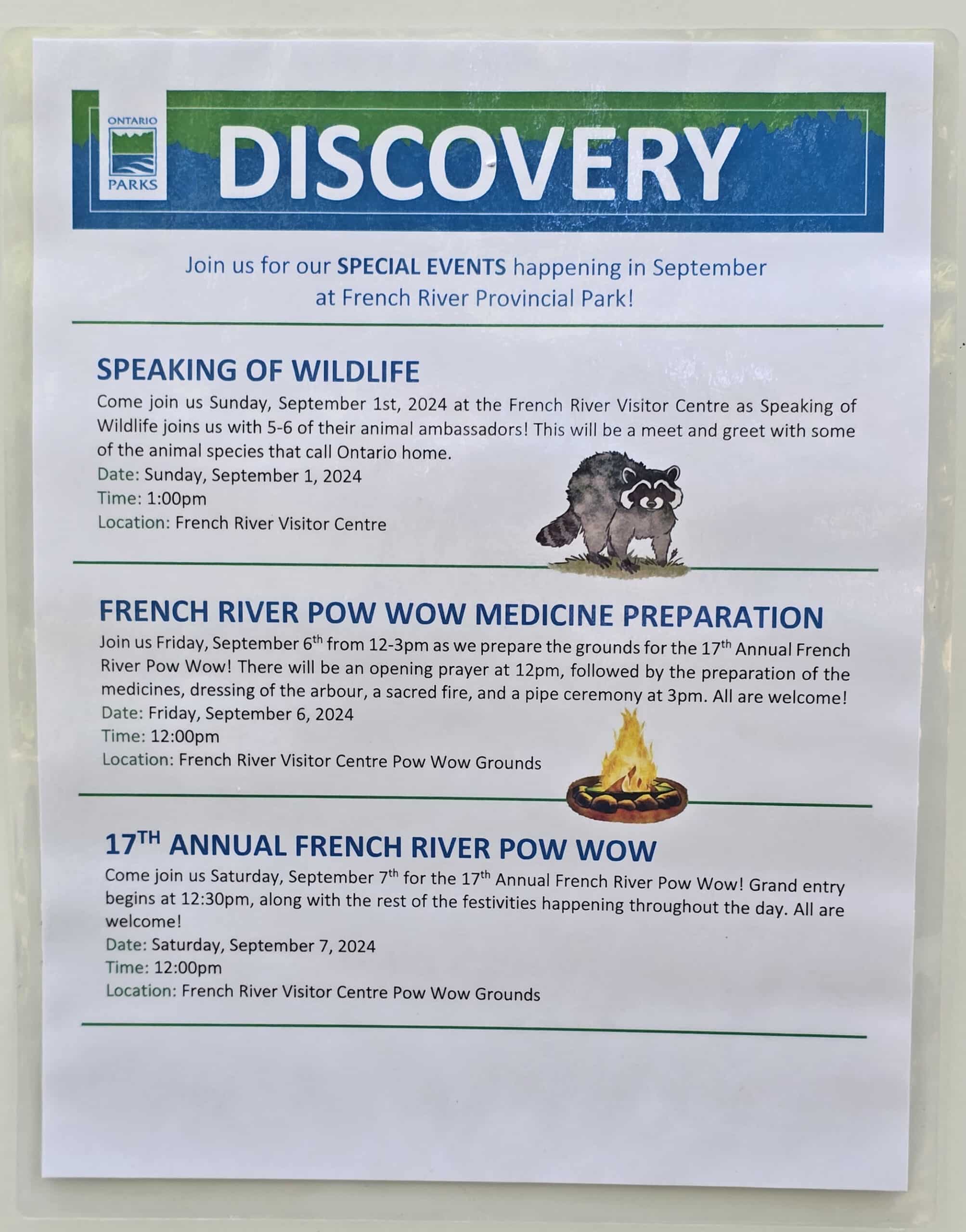 A flyer advertising the discovery programming at french river provincial park.