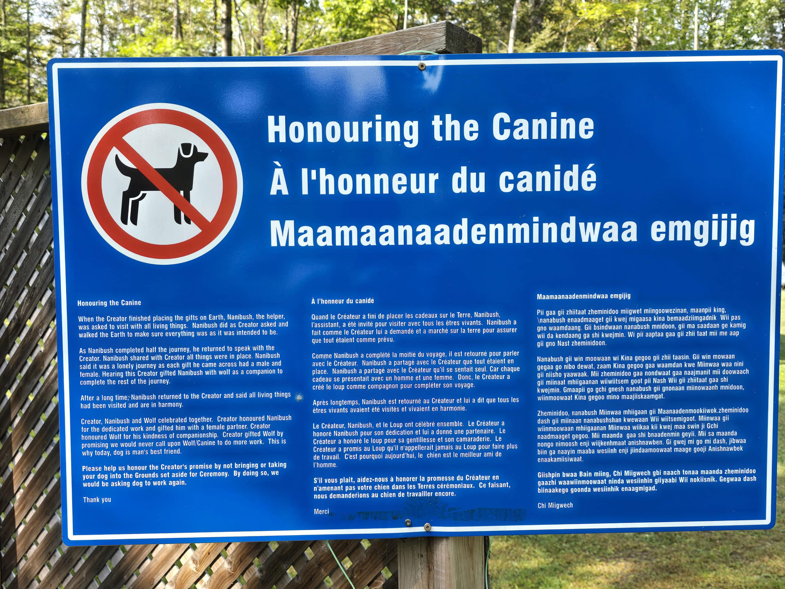 A sign explaining the ban on dogs in the pow wow grounds.