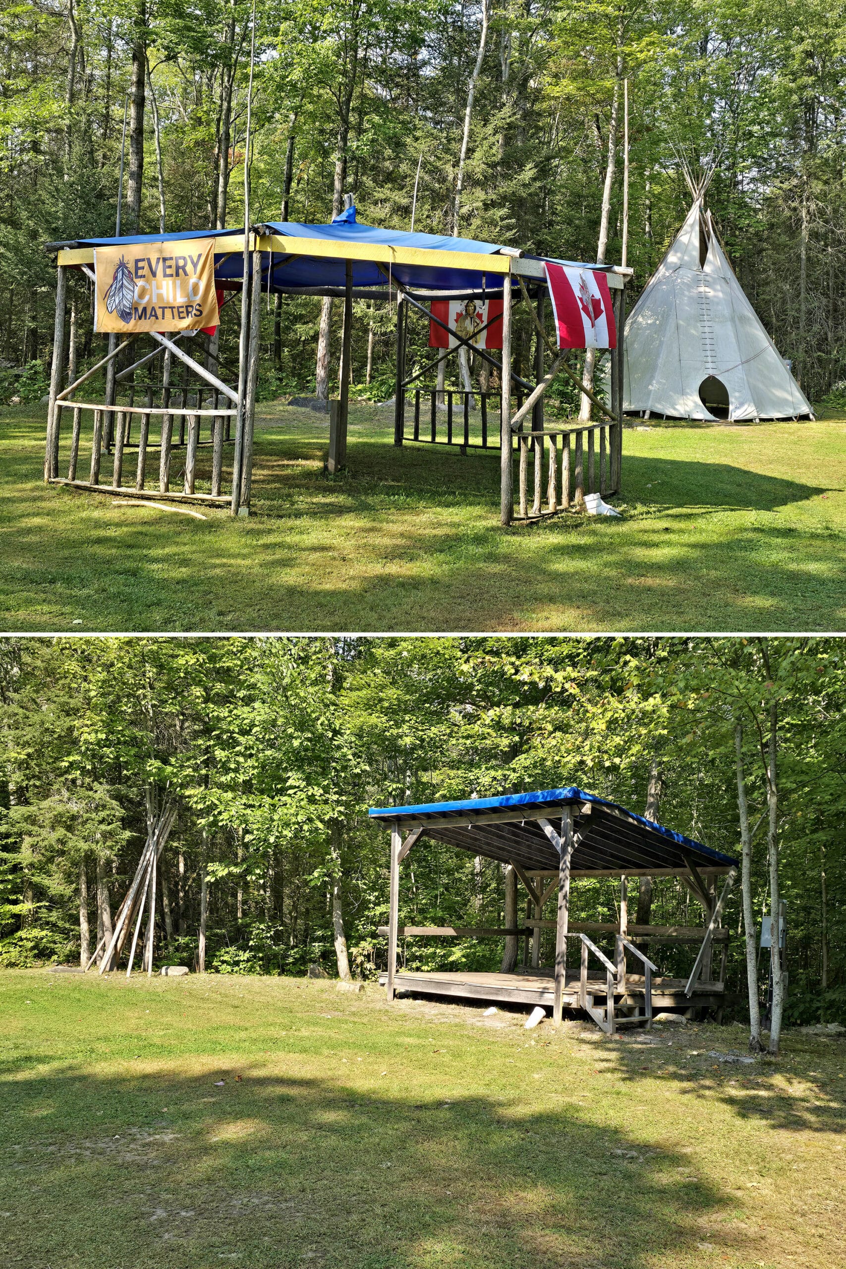 2 part image showing the pow wow grounds at french river provincial park.