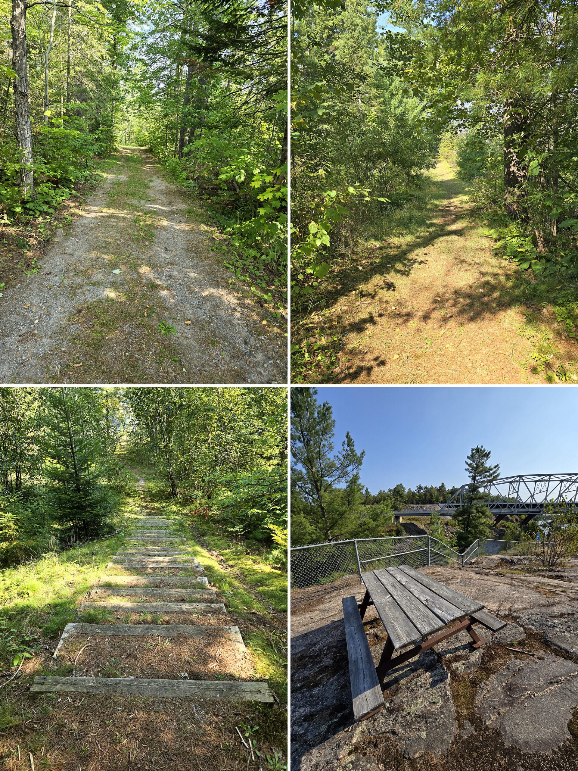 4 part image showing various views along the snowmobile trail at french river provincial park.