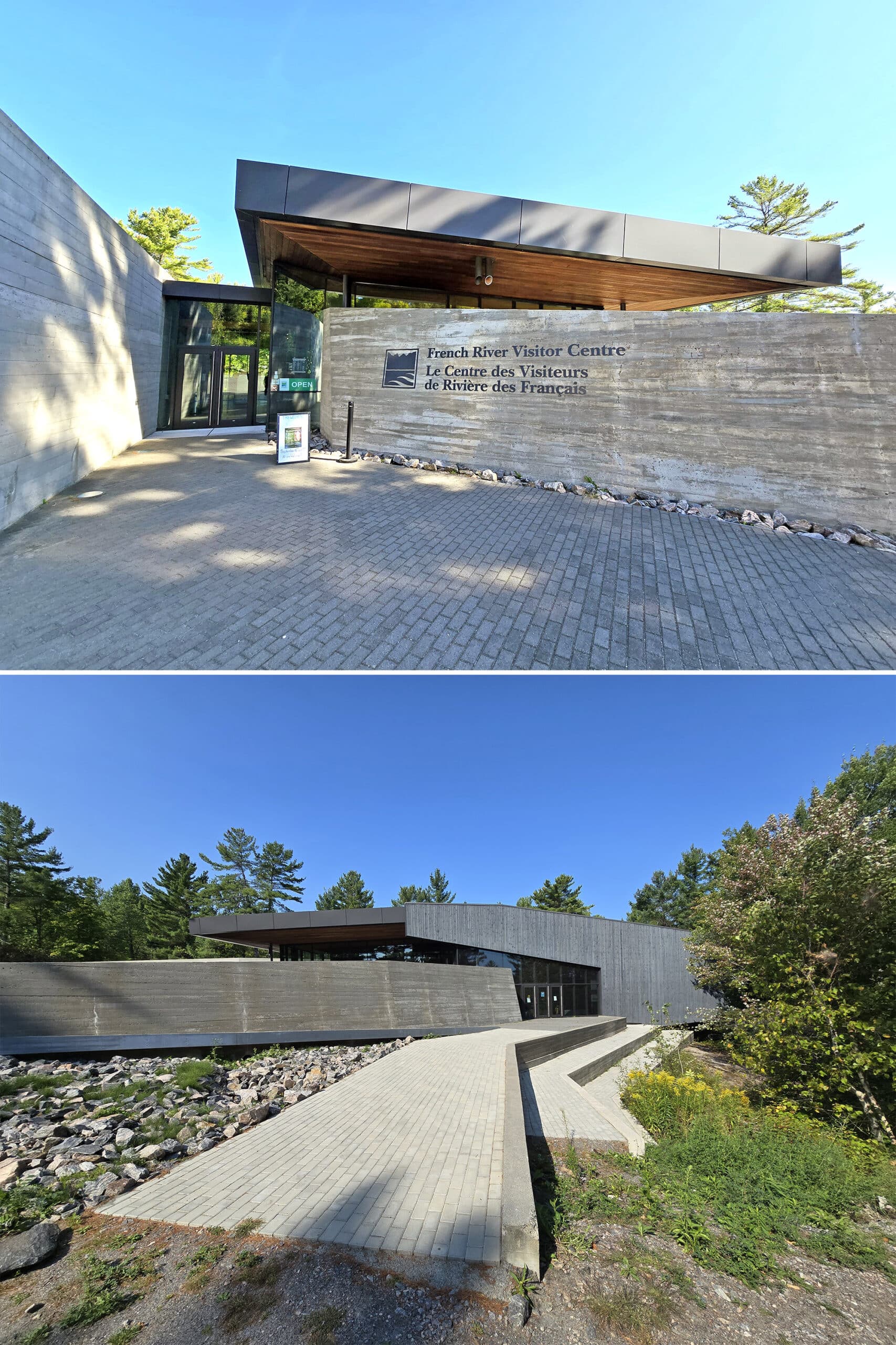 2 part image showing the exterior of the french river visitor centre.