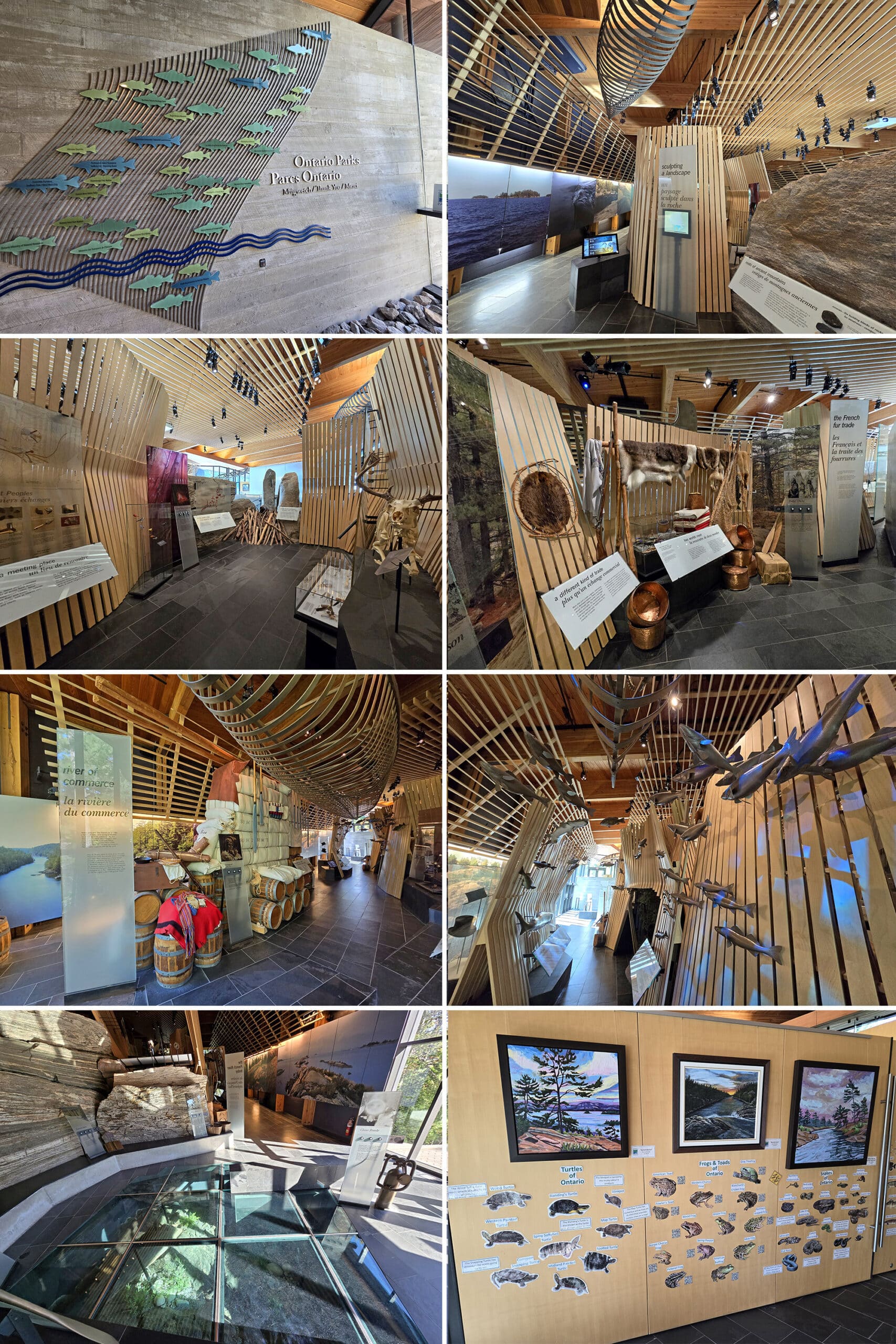 8 part image showing various views of the displays at french river visitor center.