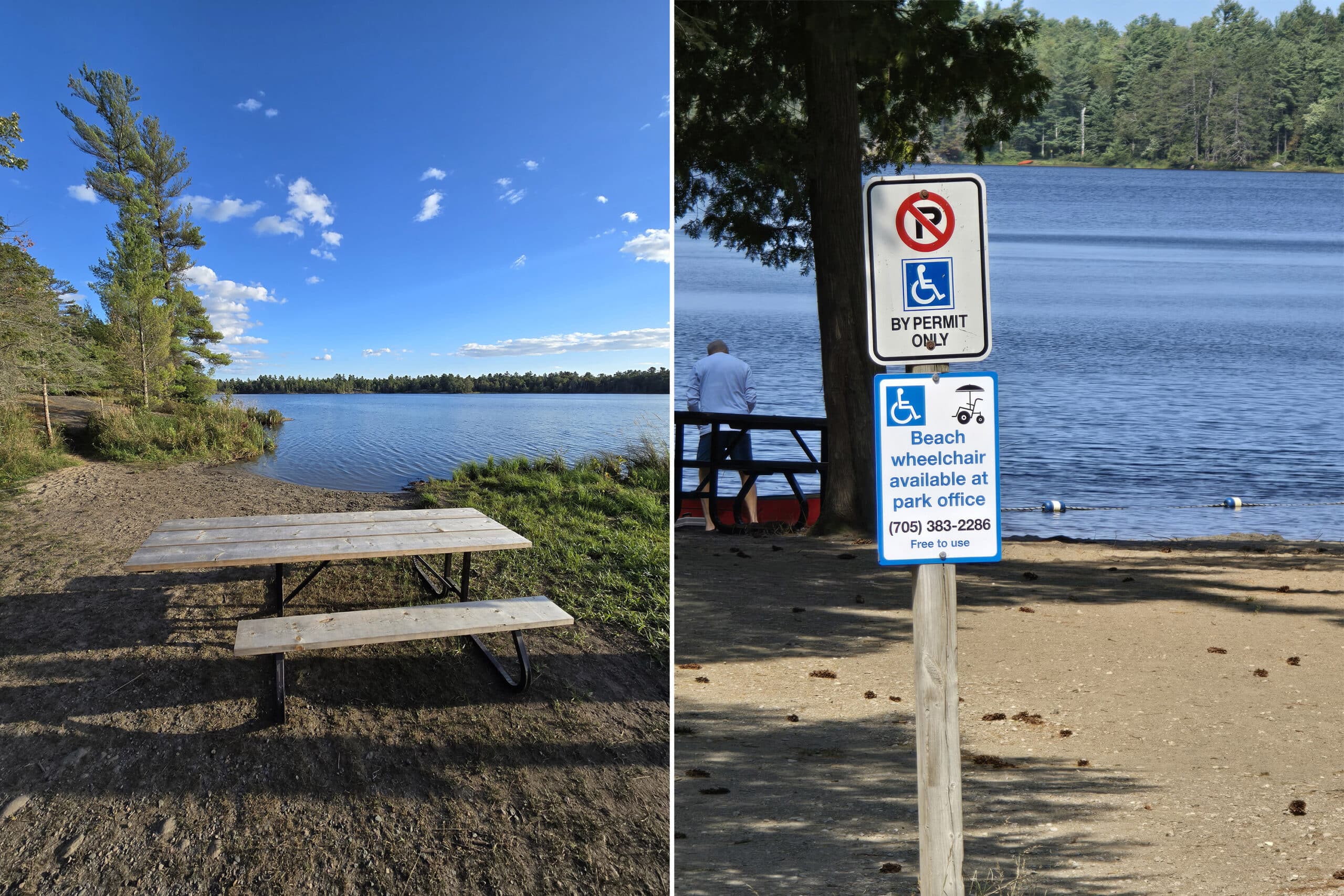 2 part image showing an accessible picnic table on a beach, and a disability parking sign with note about wheelchair loan available.