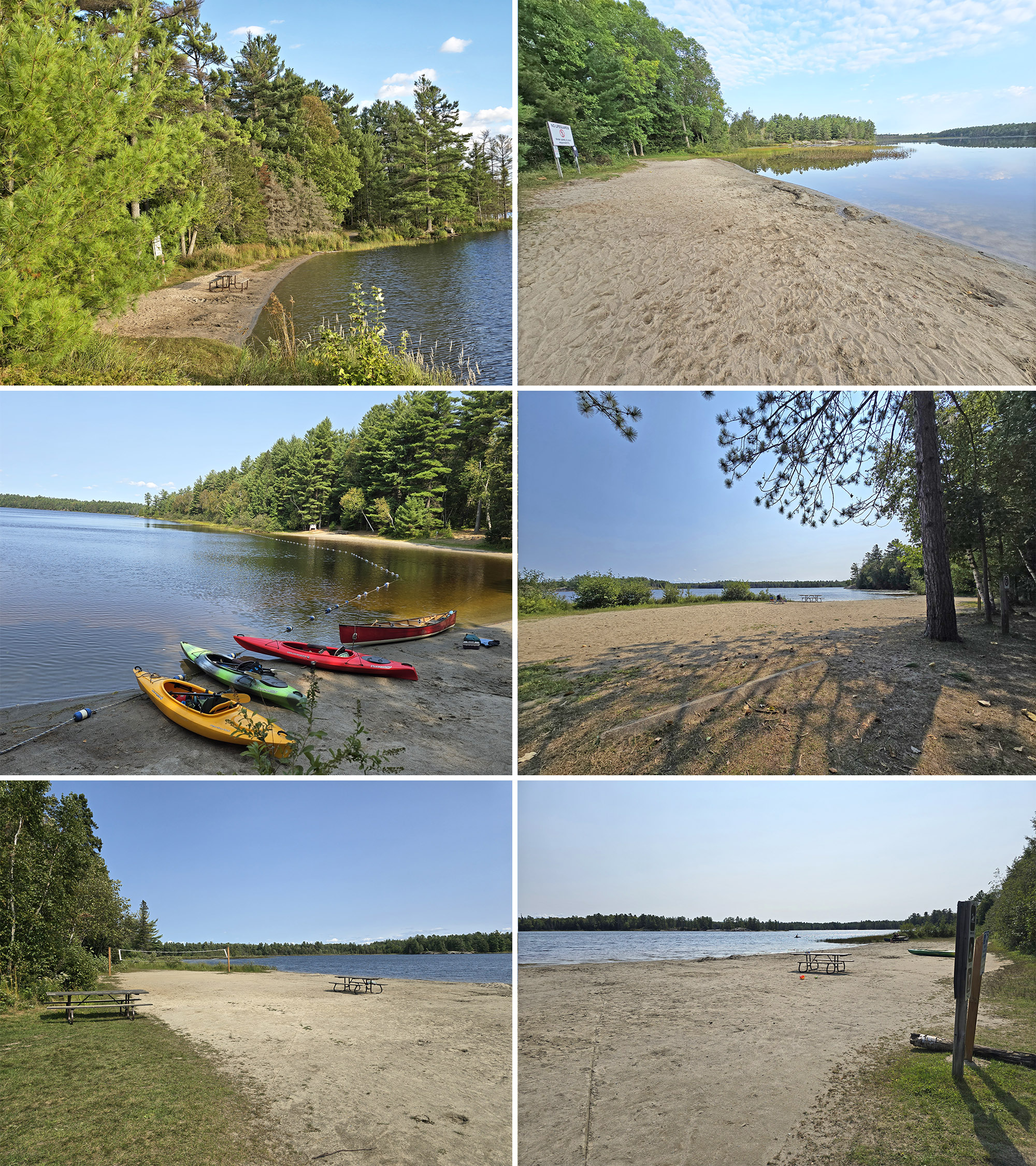 6 part image showing various beaches at Grundy Lake Provincial Park.