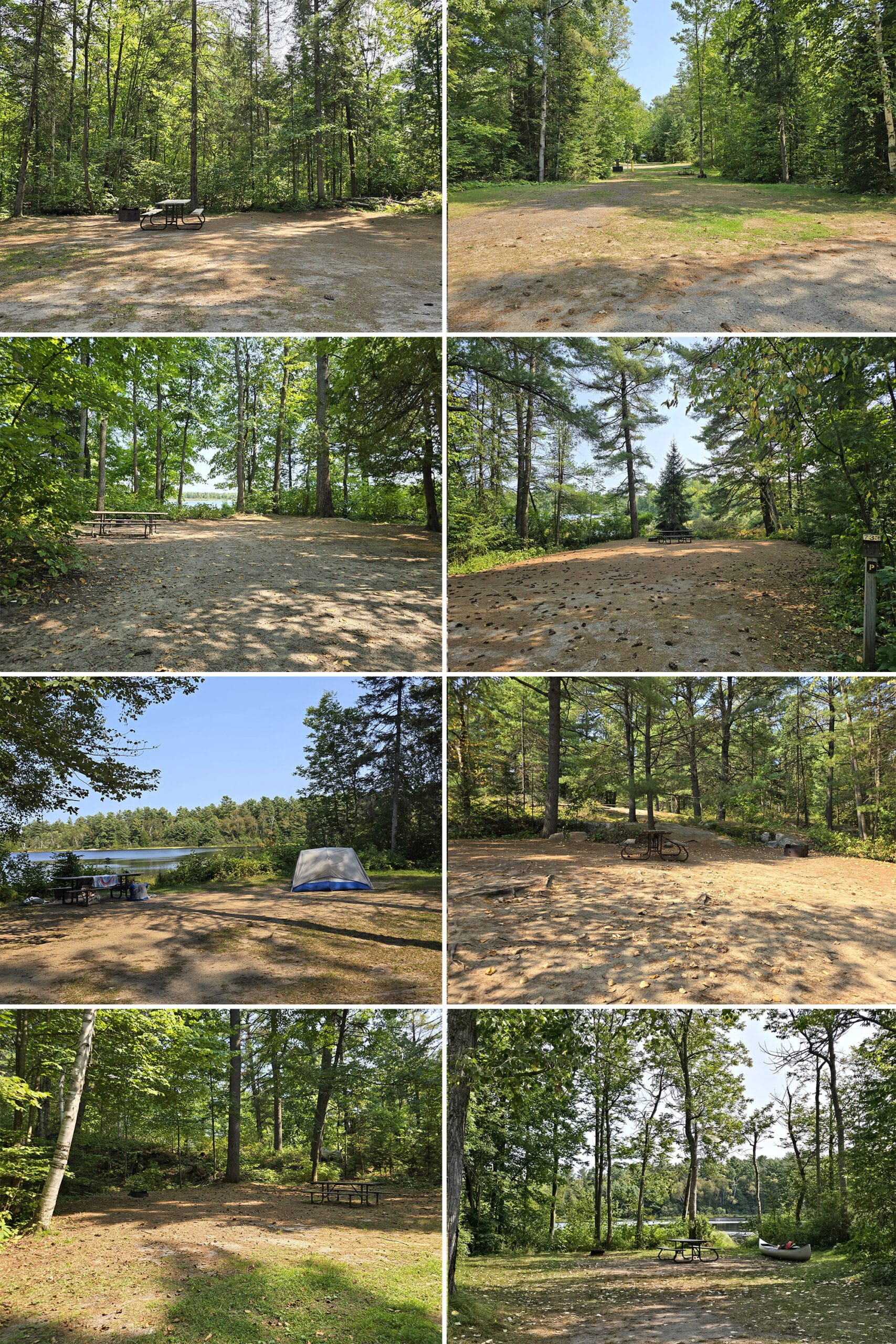 8 part image showing different campsites at Grundy Lake Provincial Park.