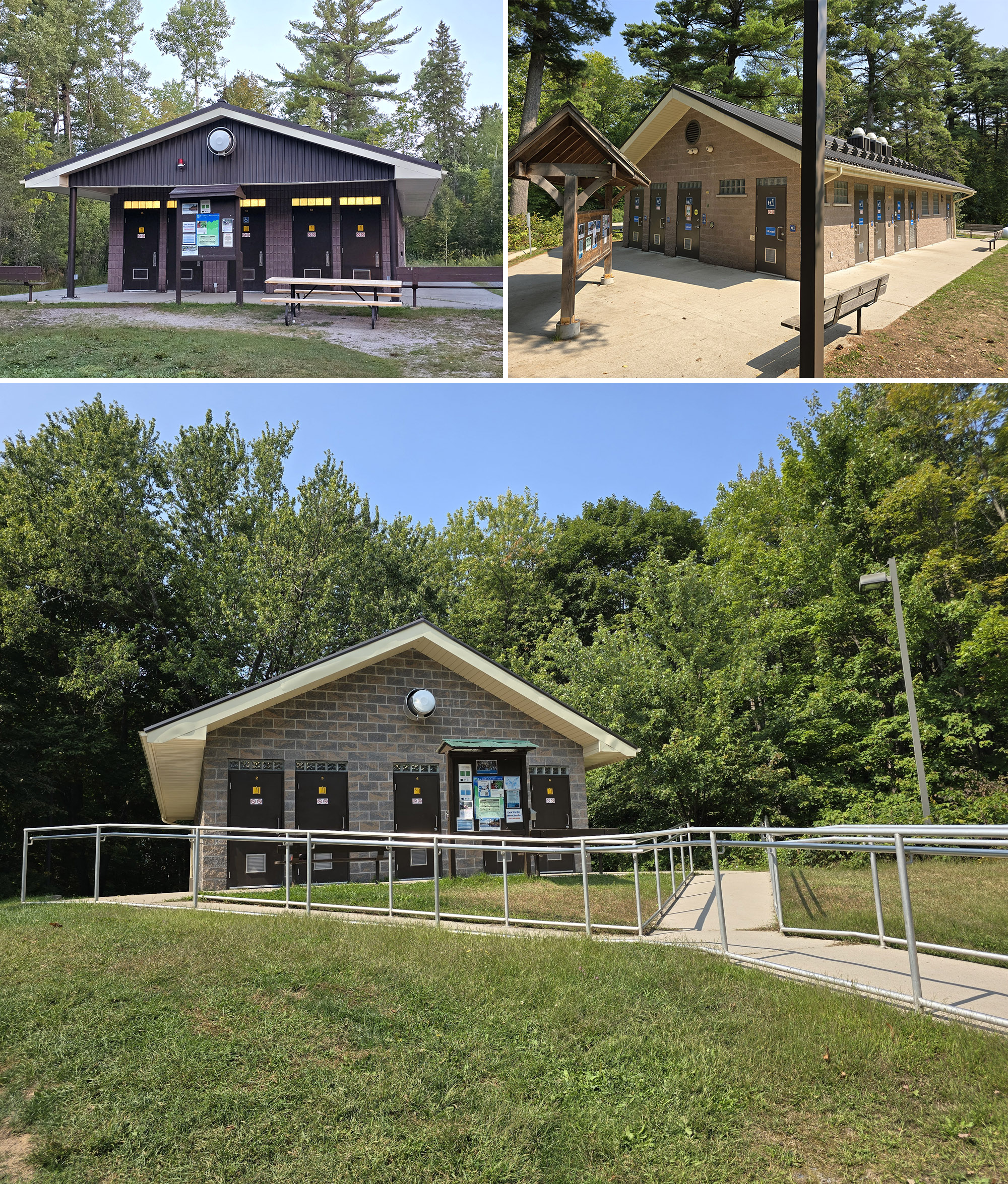 3 part image showing different Grundy Lake comfort stations.