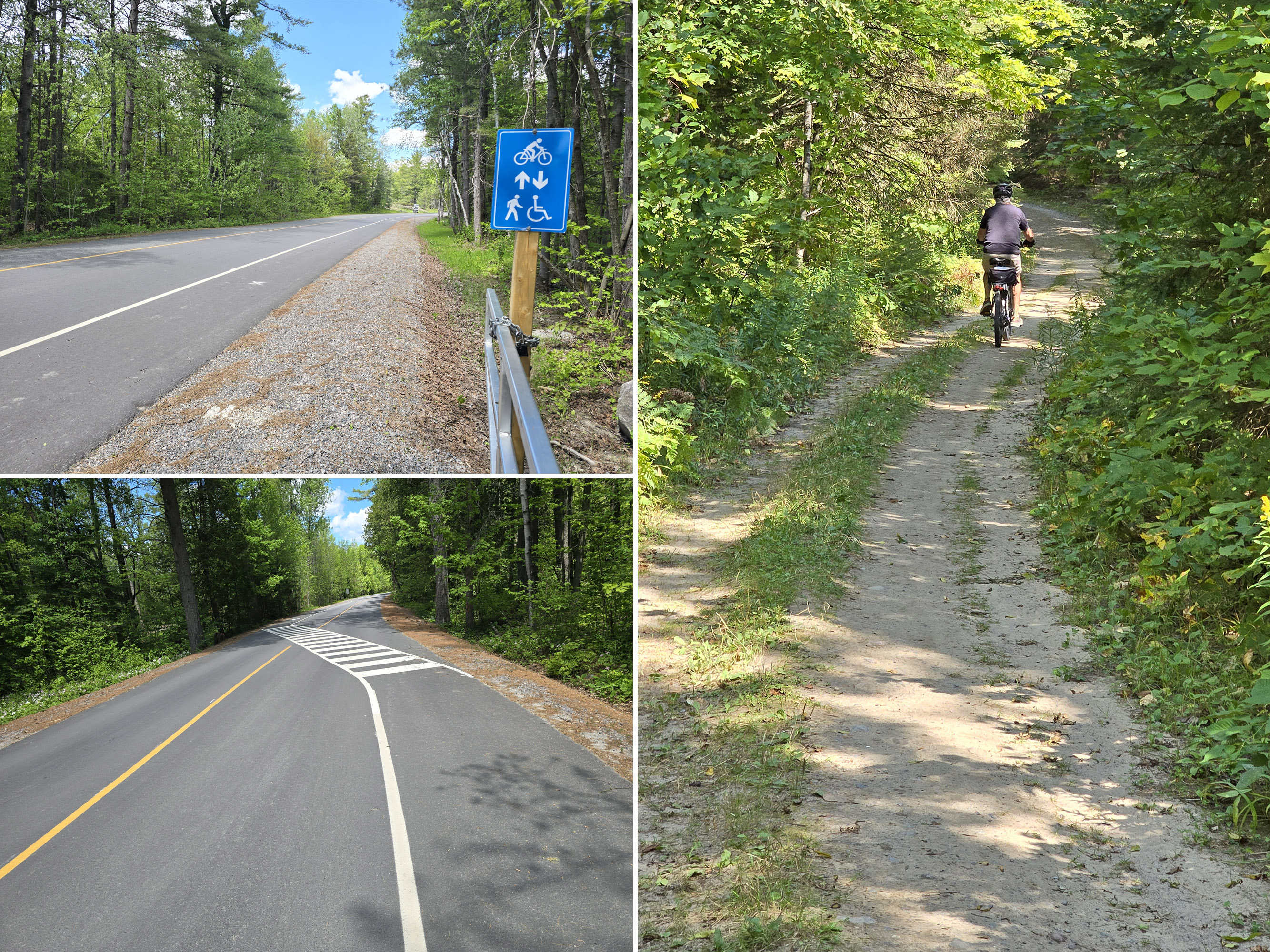 3 part image showing 2 views of a roadside bike lane, and a cyclist on a bike trail in the woods.