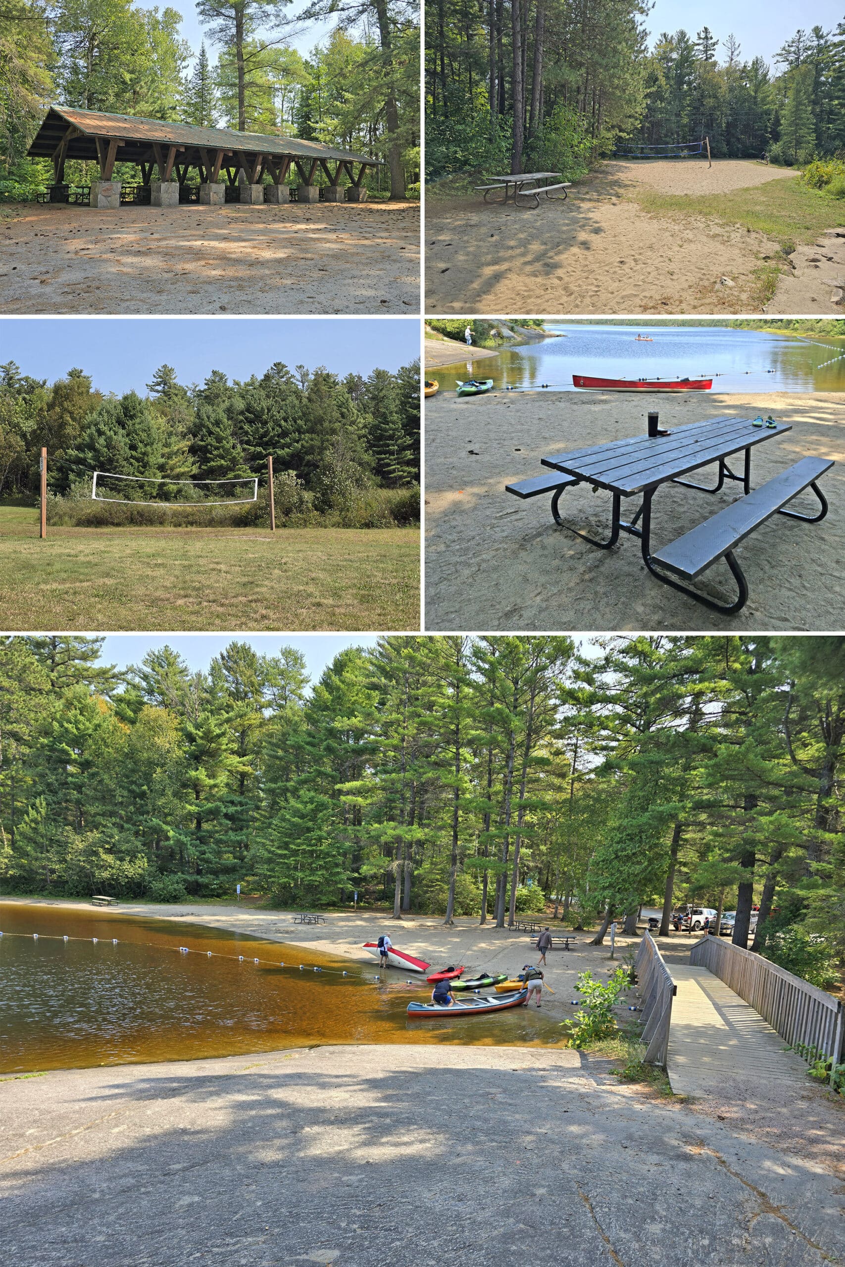 5 part image showing the various aspects of the day use area at Grundy Lake Provincial Park.