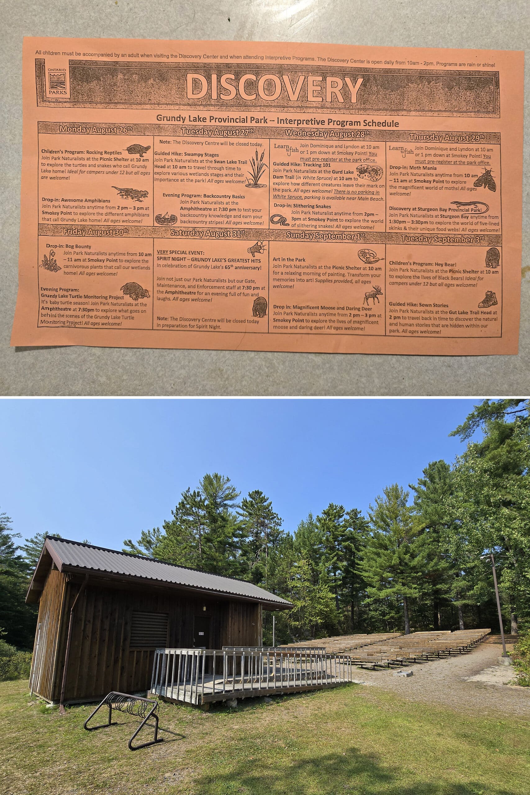 2 part image showing the park amphitheatre and a calendar of events.