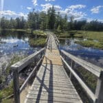 A boardwalk bridge over a Swan Lake at Grundy Lake Provincial Park.