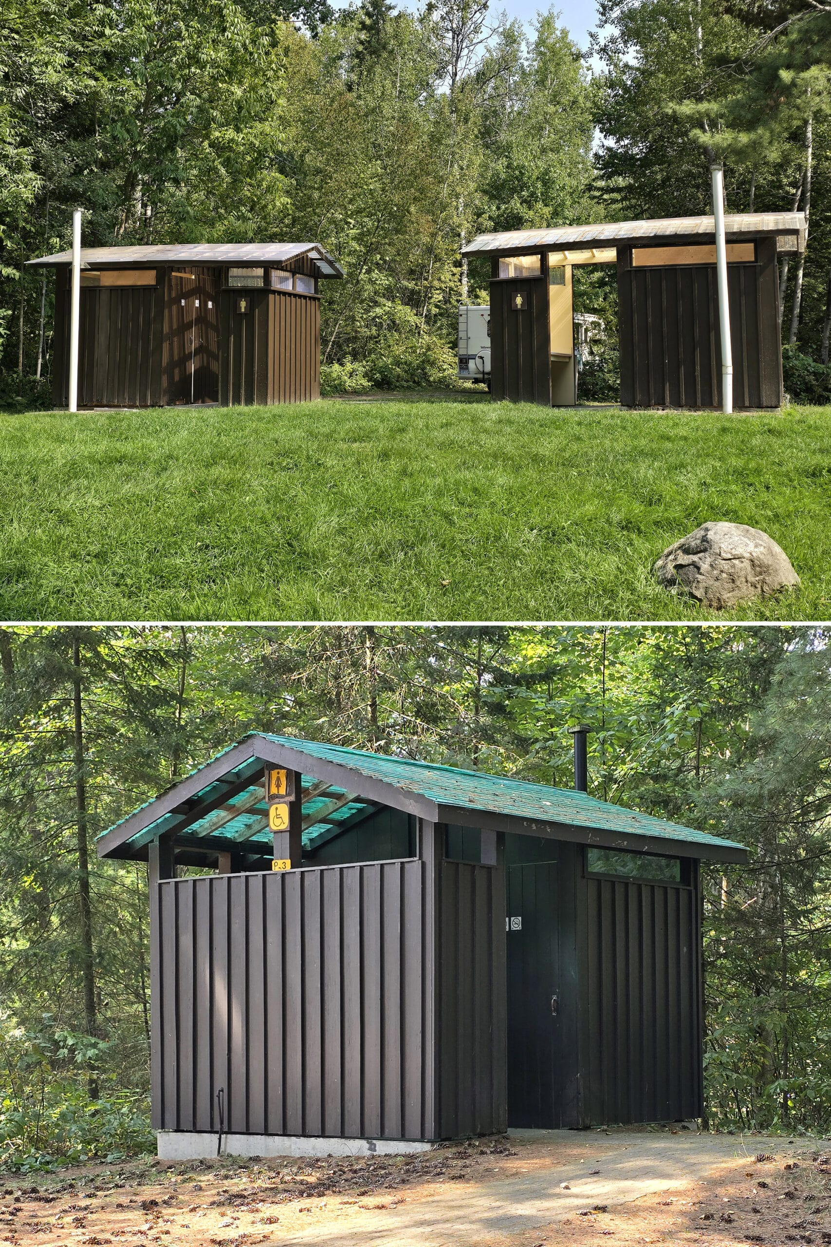 2 part image of vault toilets.