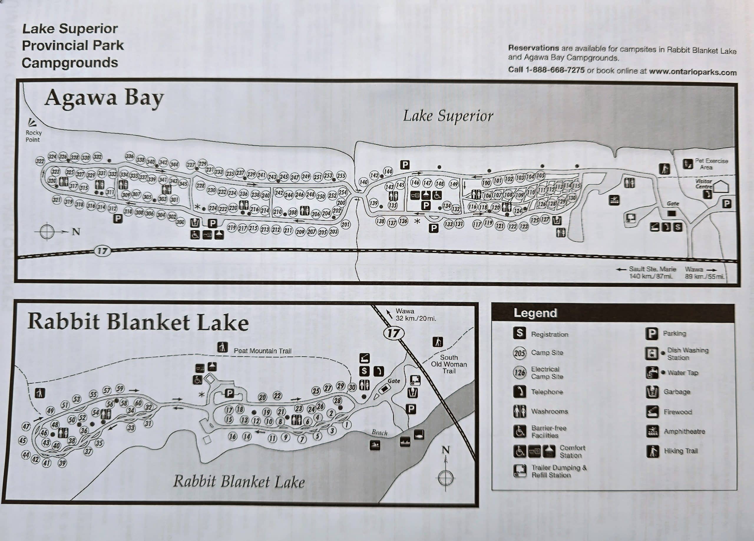 A printed map of agawa bay campground and rabbit blanket lake campground.