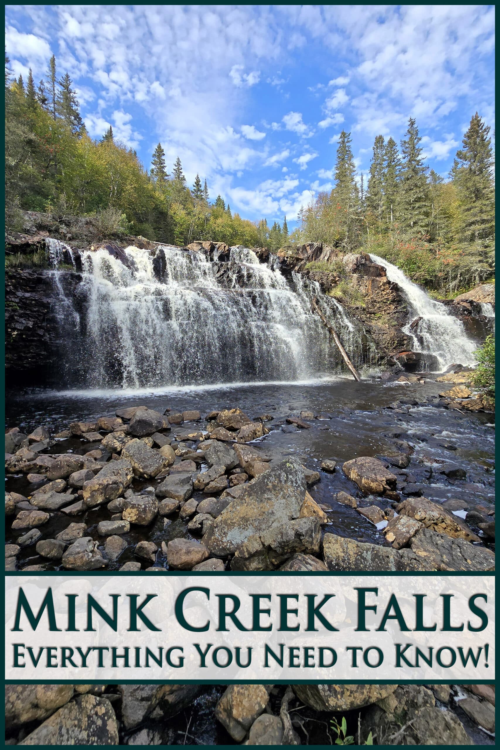 A wide waterfall on a creek. Overlaid text says Mink Creek Falls, everything you need to know.