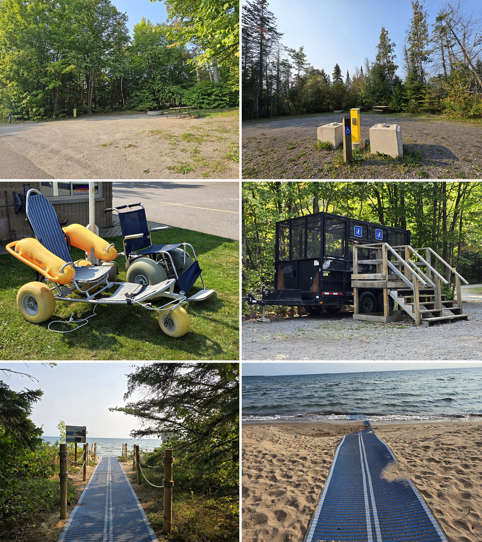 6 part image showing barrier free campsites, wheelchairs, the garbage dump, and the mobi mat to the accessible beach.