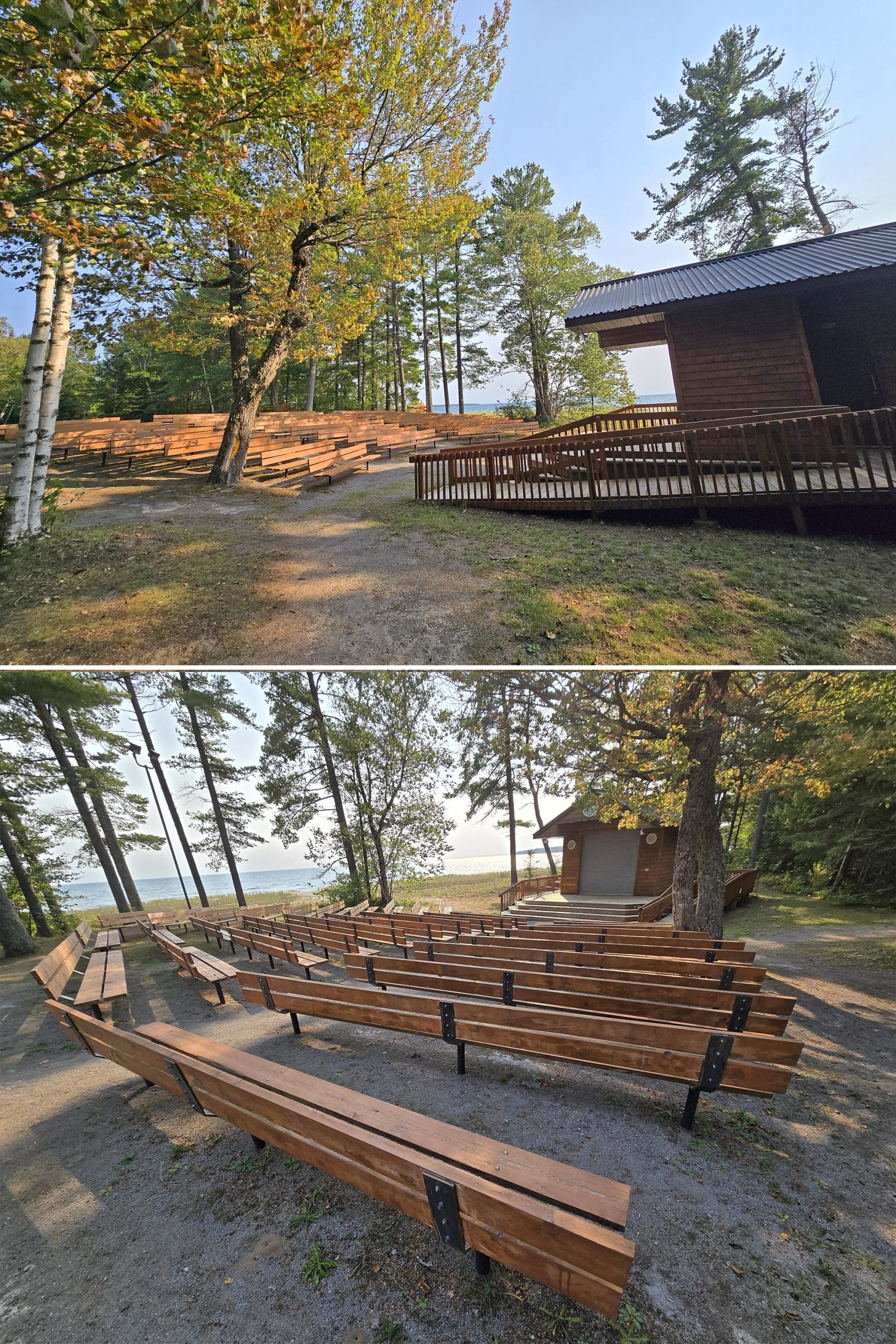 2 part image showing the pancake bay amphitheatre.