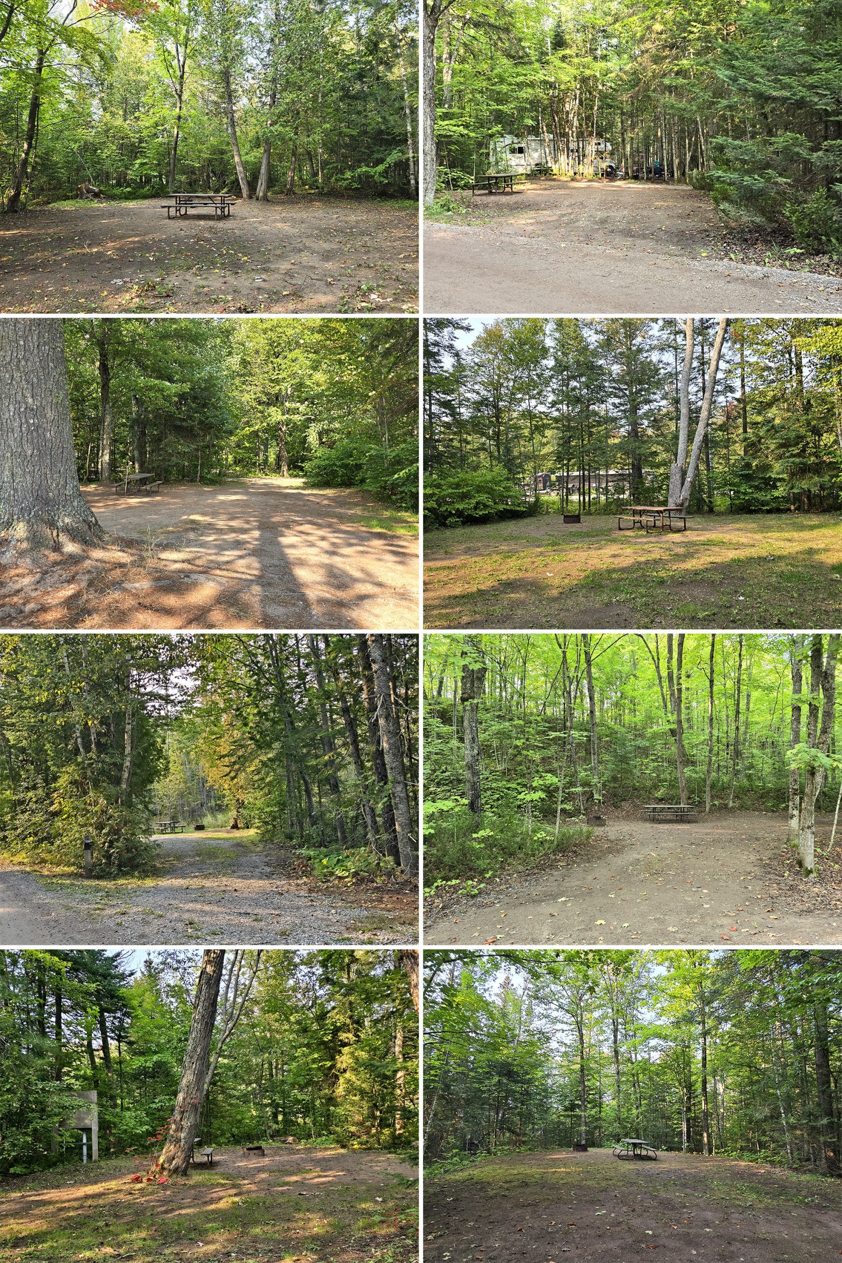 8 part image showing various campsites at pancake bay provincial park.