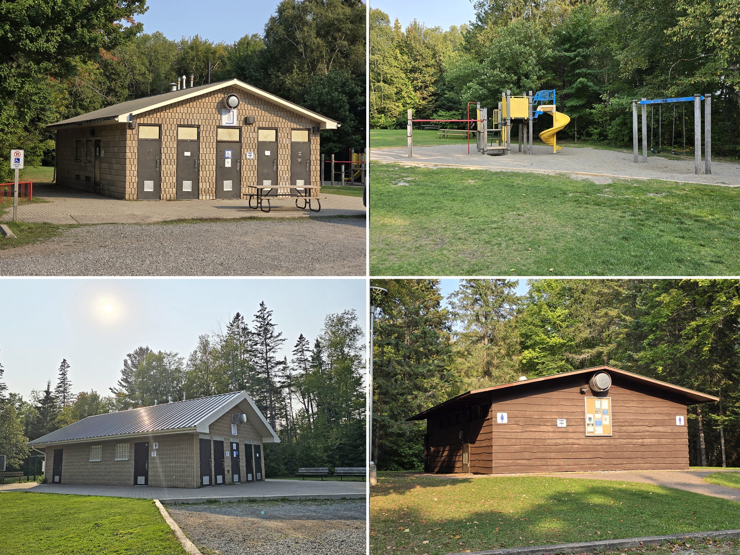 4 part image showing 3 comfort stations and a playground.