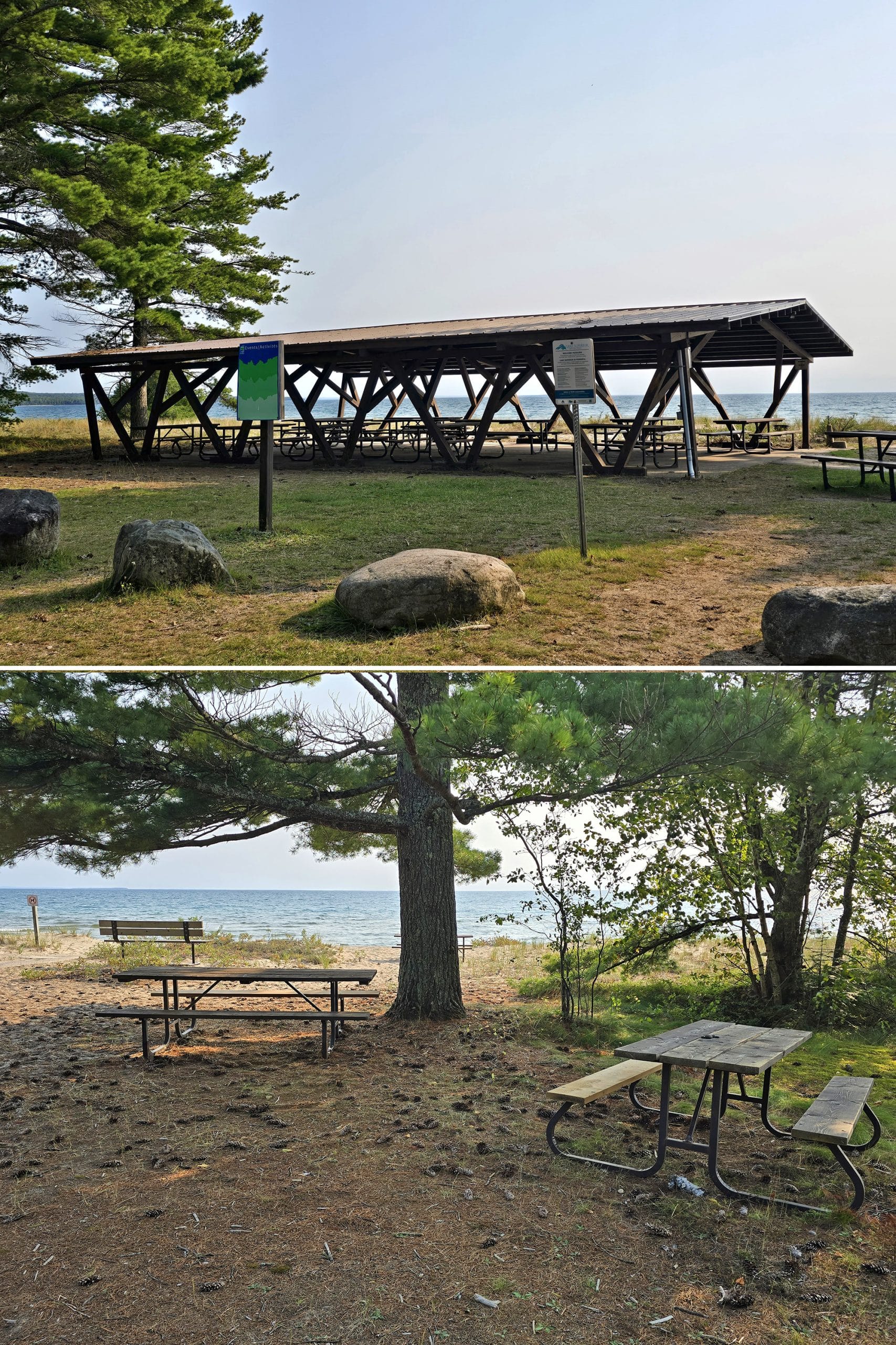 2 part image showing a picnic shelter and some picnic tables on a beach.