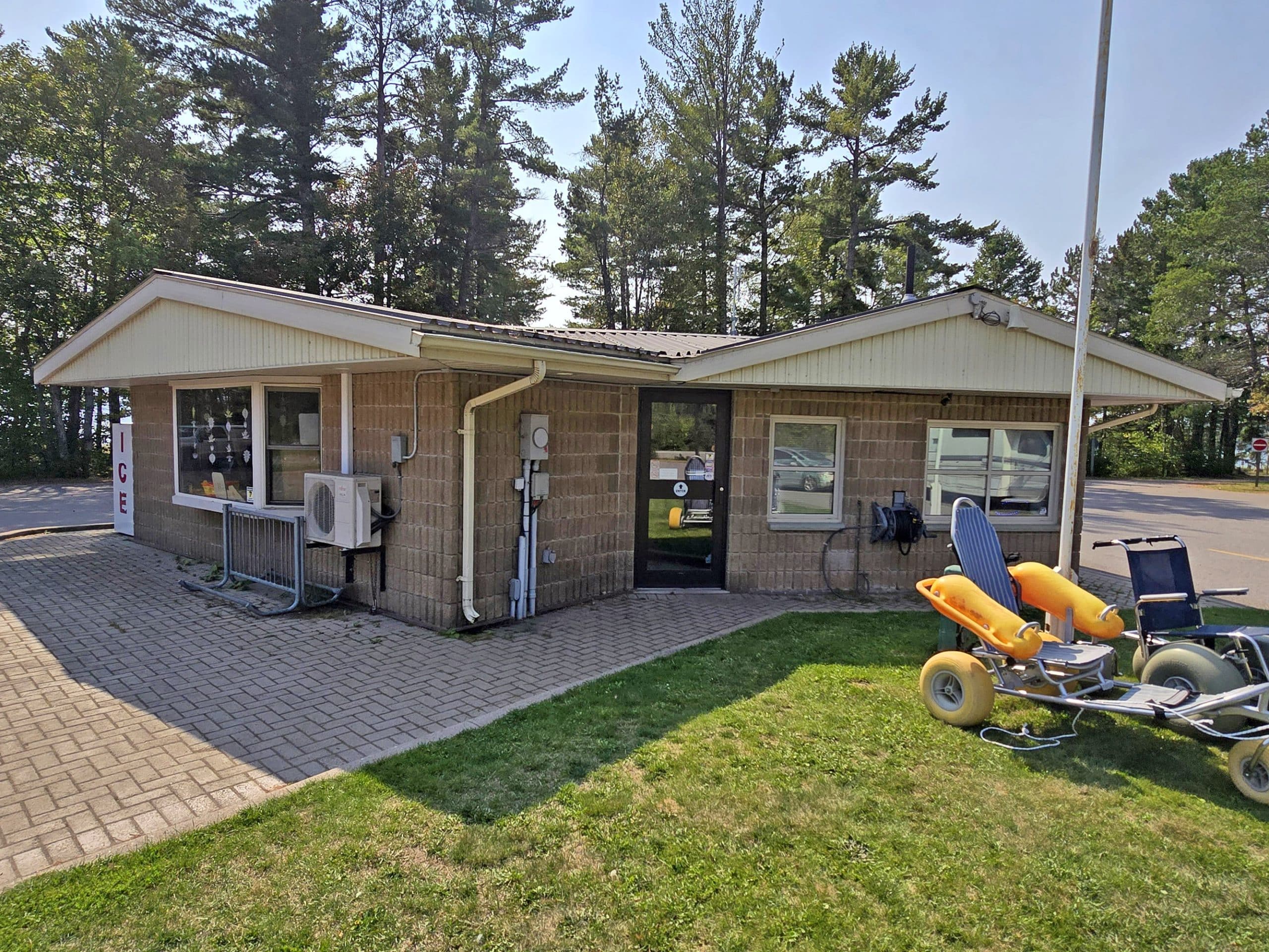 the front gatehouse at pancake bay provincial park.