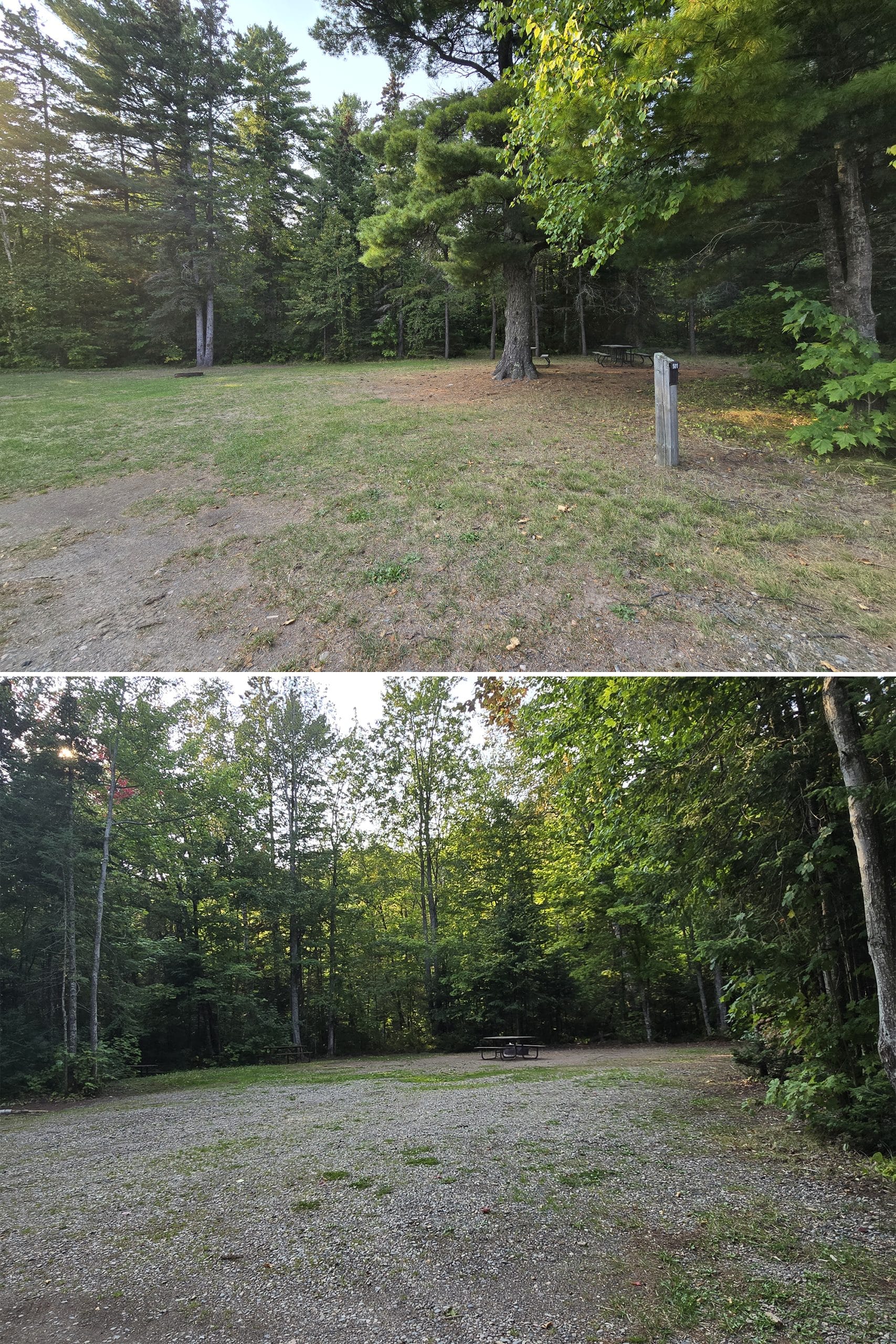 2 part image showing pancake bay group campsites.