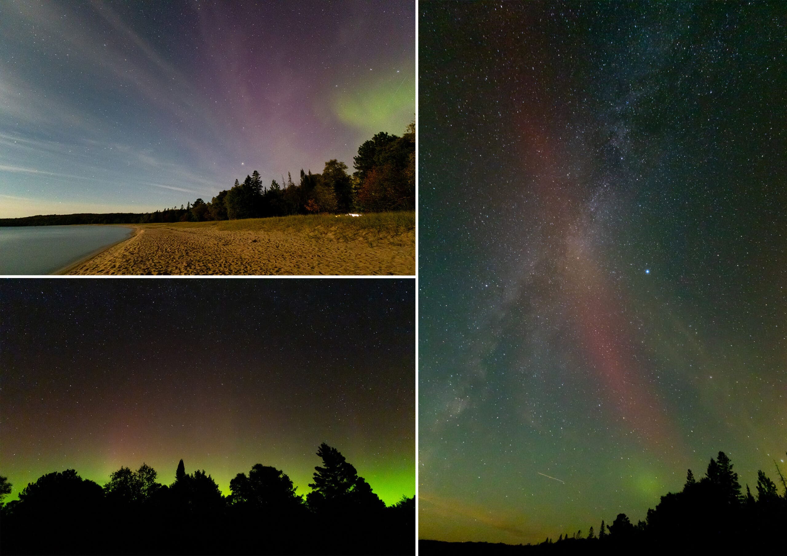 3 part image showing different views of the Northern Lights over Pancake Bay Provincial Park.