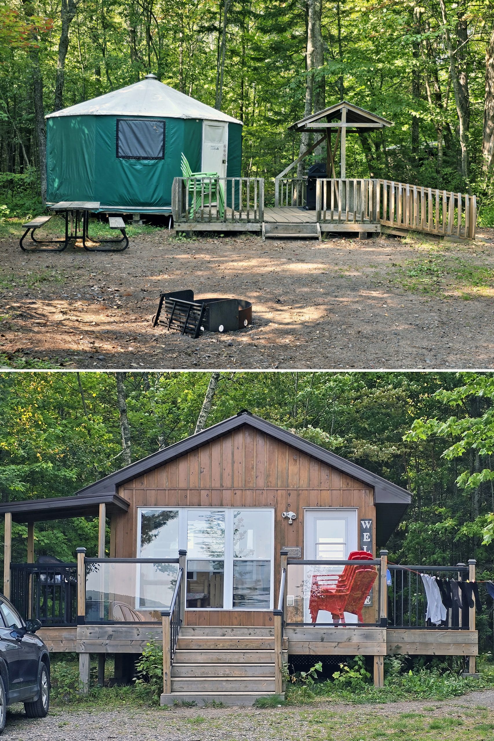 2 part image showing a yurt and a small cabin at pancake bay provincial park.