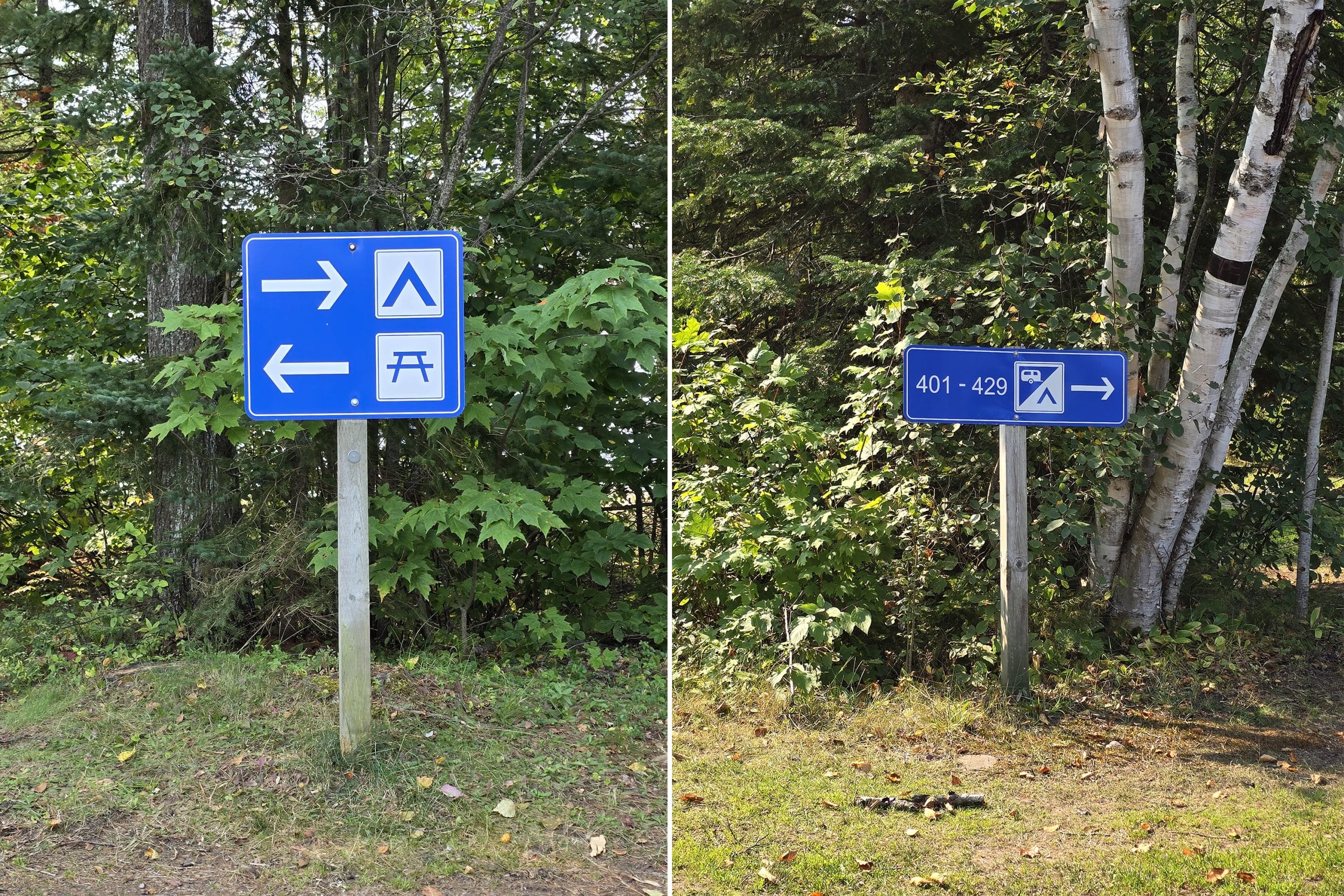 2 part image showing blue and white road signs in the campground.