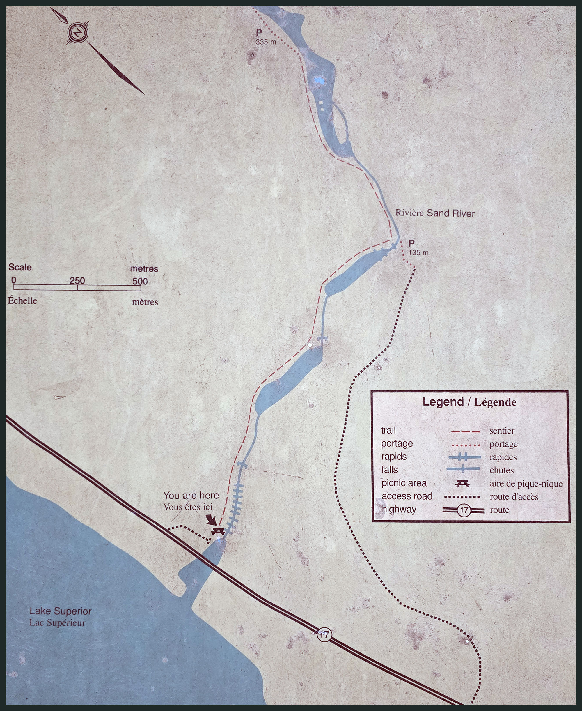 A map of sand river and the pinguisibi trail.