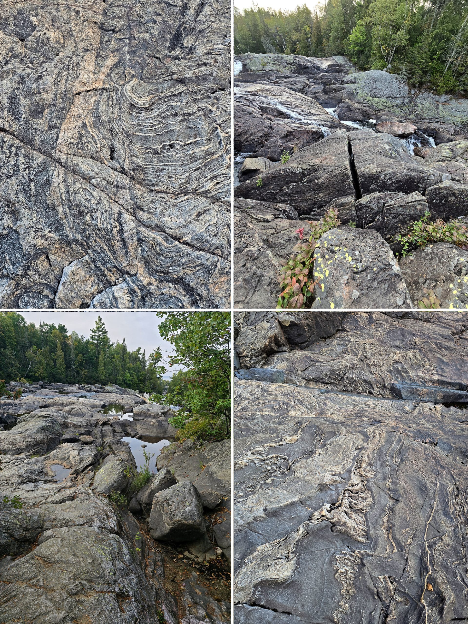 4 part image showing various marbled rock at sand river falls.