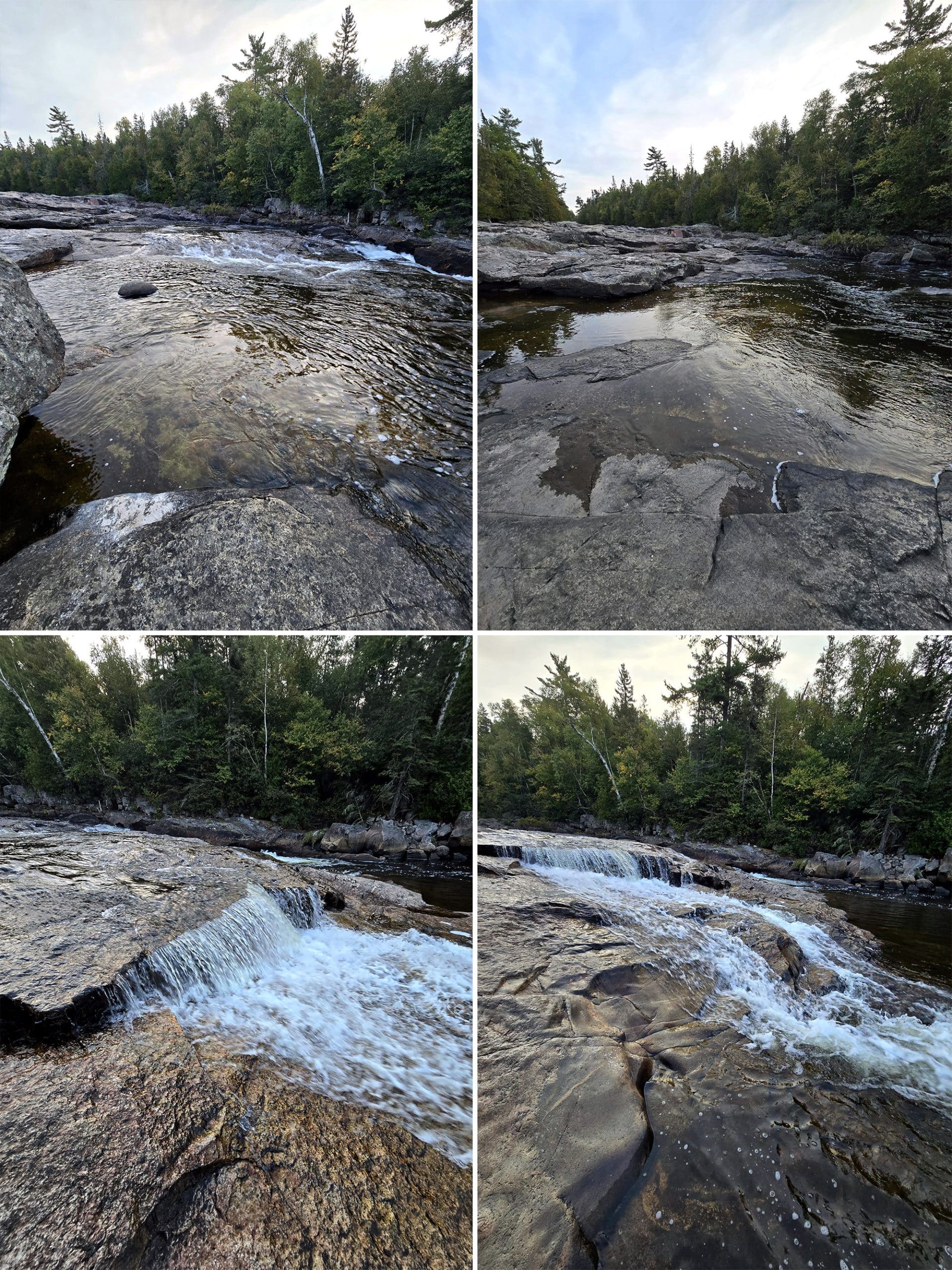 4 part image showing sand river falls waterfall on pinguisibi trail.