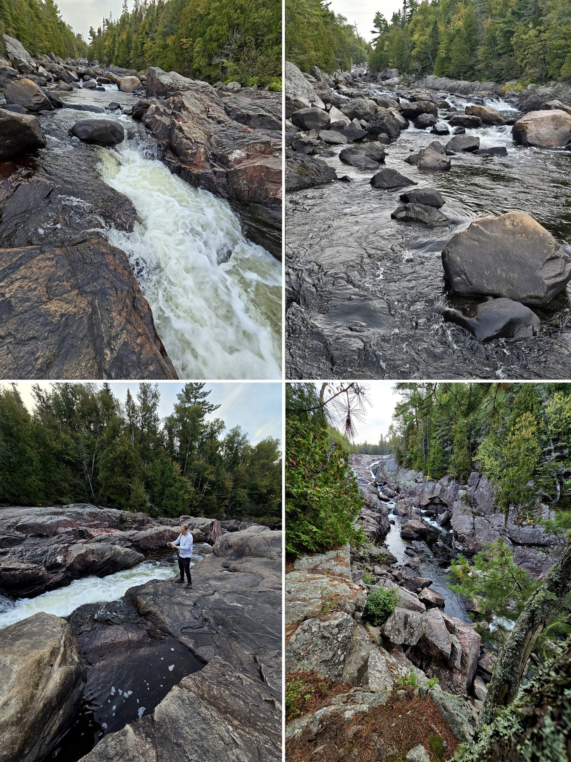 4 part image showing sand river falls waterfall on pinguisibi trail.