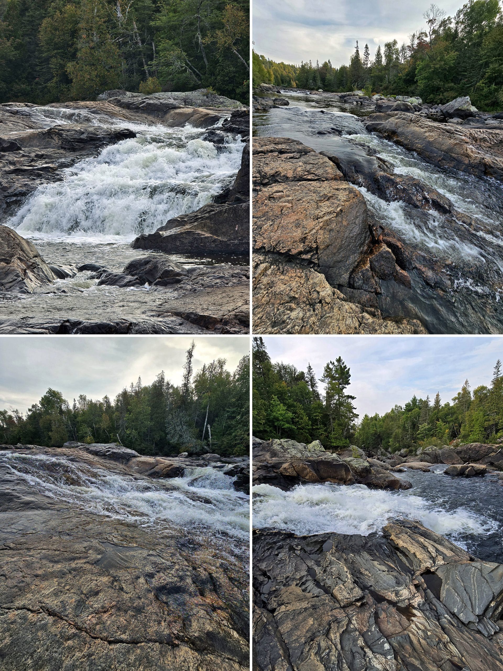 4 part image showing sand river falls waterfall on pinguisibi trail.