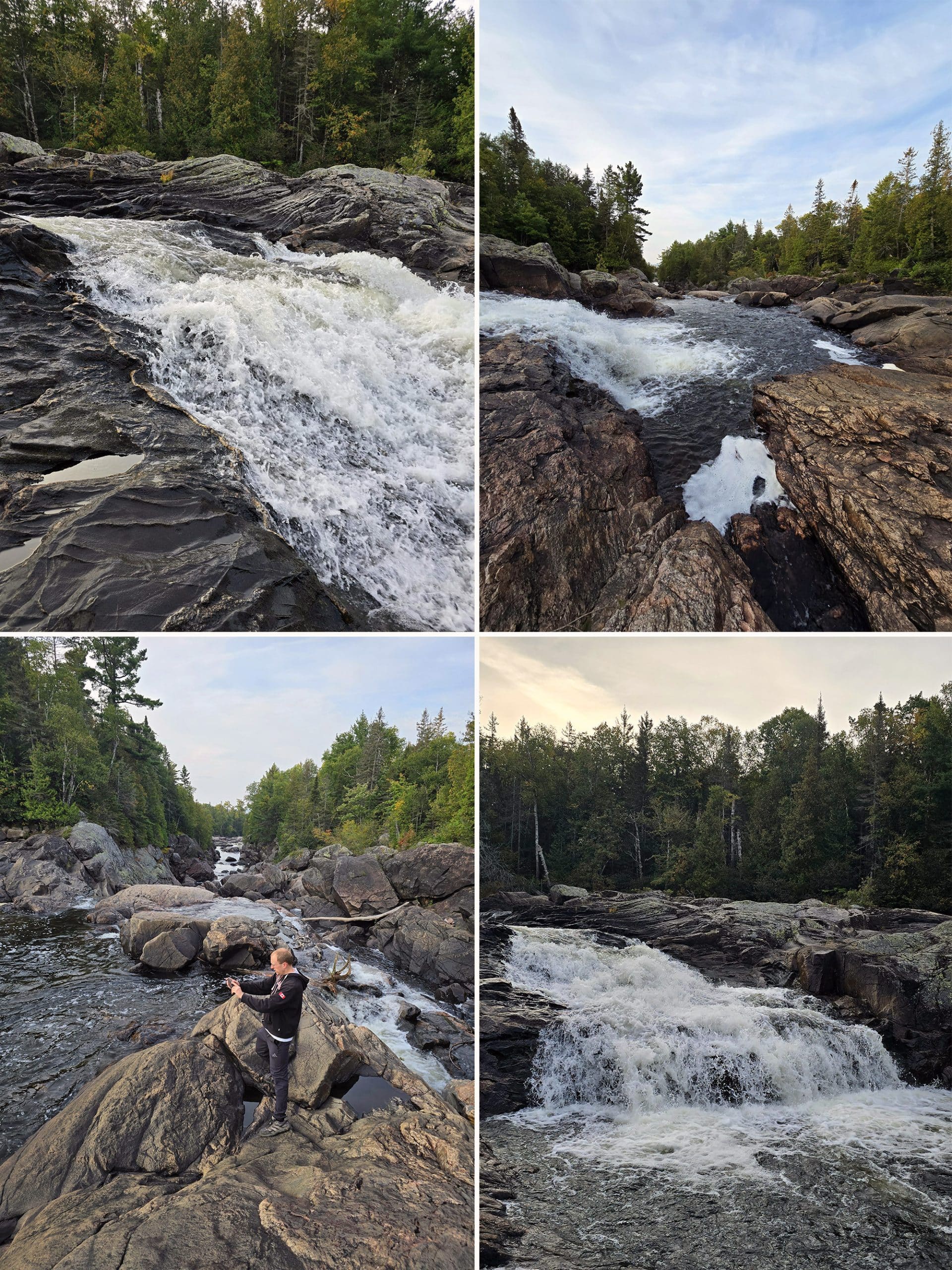 4 part image showing sand river falls waterfall on pinguisibi trail.