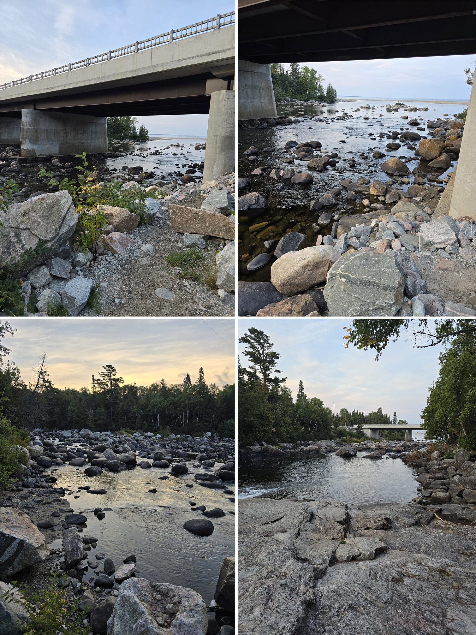 4 part image showing  the mouth of sand river under the trans canada highway.