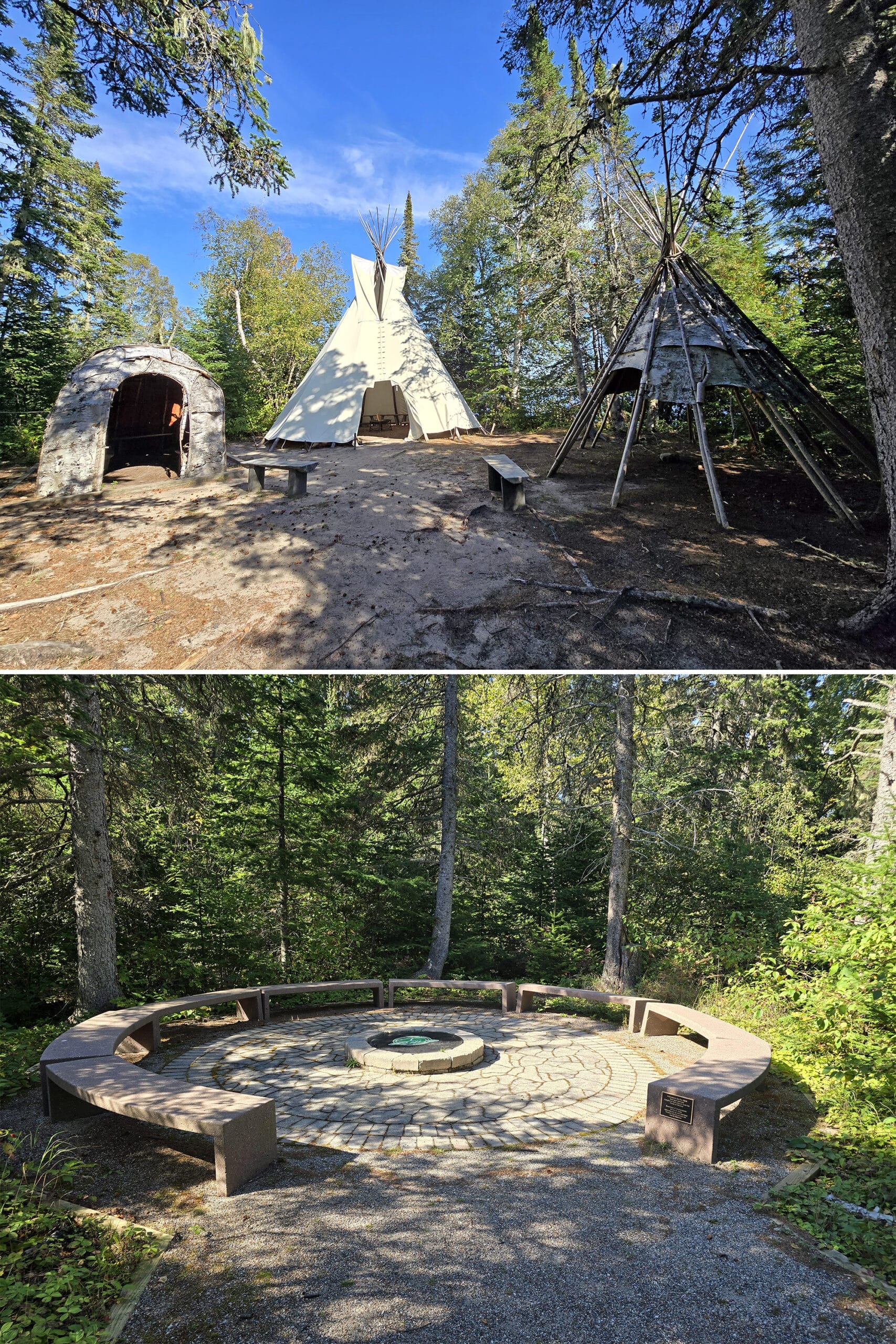 2 part image showing the anishinaabe camp and fire circle at pukaskwa national park.